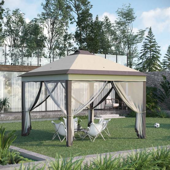 Tonnelle pliante avec éclairage LED 3,3 x 3,3 m, tonnelle de jardin avec télécommande, 4 moustiquaires, hauteur réglable, beige - Image 4