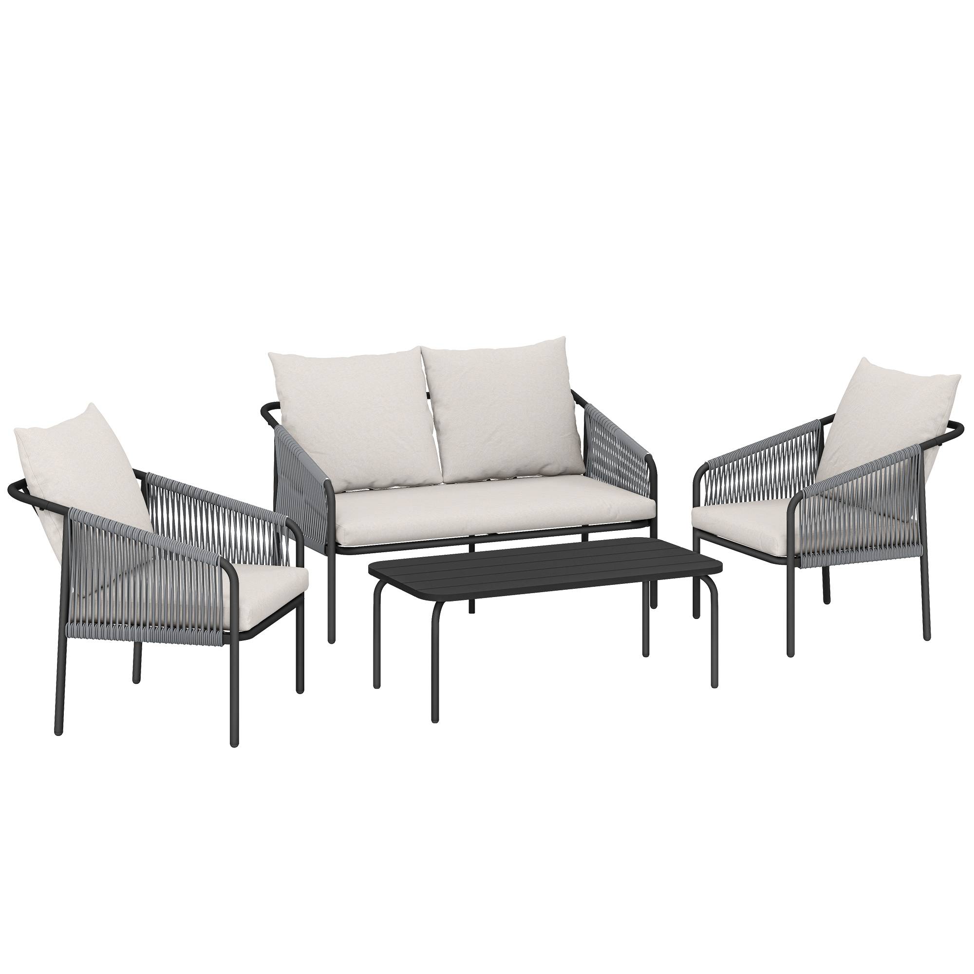 Ensemble salon de jardin 4 pièces en polyrotin, canapé 2 places, 2 fauteuils et table basse, coussins amovibles