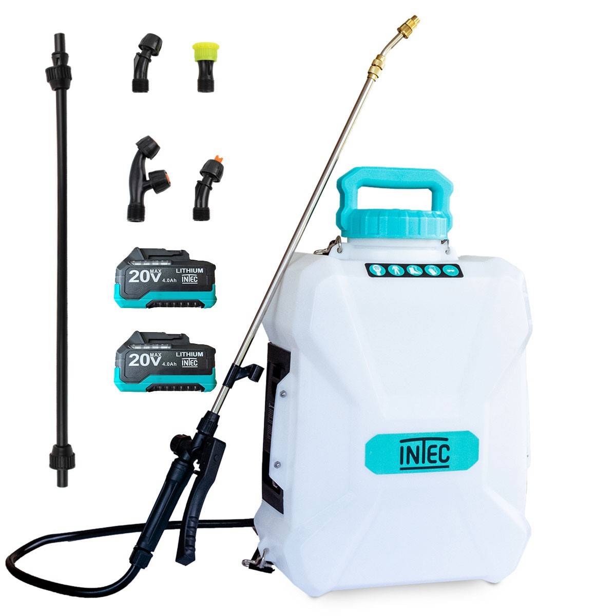 Intec - Pulvérisateur à batterie 20V 12L 5 Bar + 2 Batteries lithium 4.0Ah + Chargeur + 2 Lances Fibre et Inox + 4 buses INTEC - Image 1