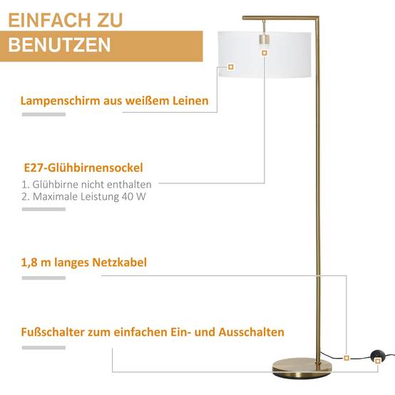 Lampadaire, douille E27, finition dorée, abat-jour en tissu blanc, interrupteur au pied, acier, 47 x 37 x 153 cm - Image 8