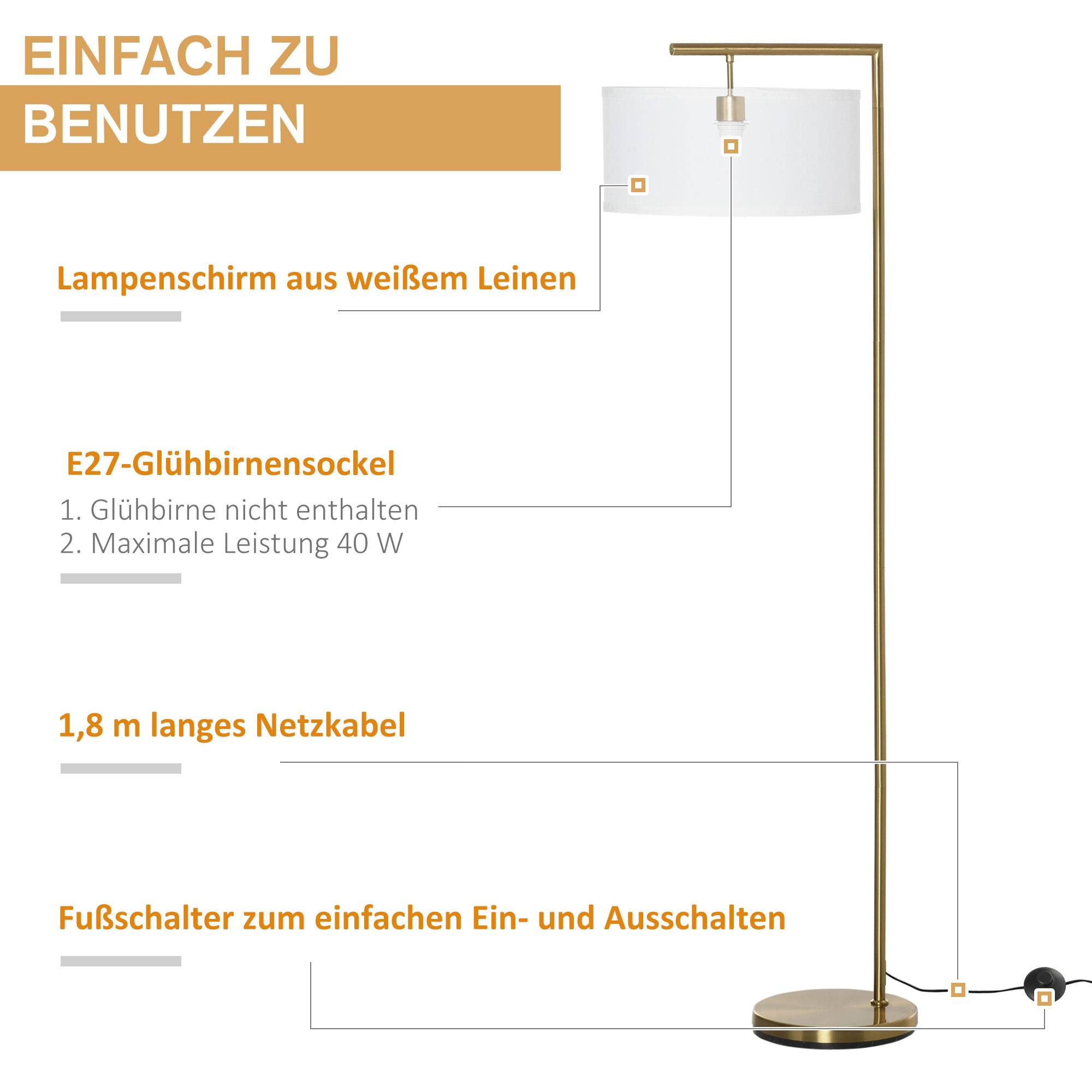 Lampadaire, douille E27, finition dorée, abat-jour en tissu blanc, interrupteur au pied, acier, 47 x 37 x 153 cm - Image 8