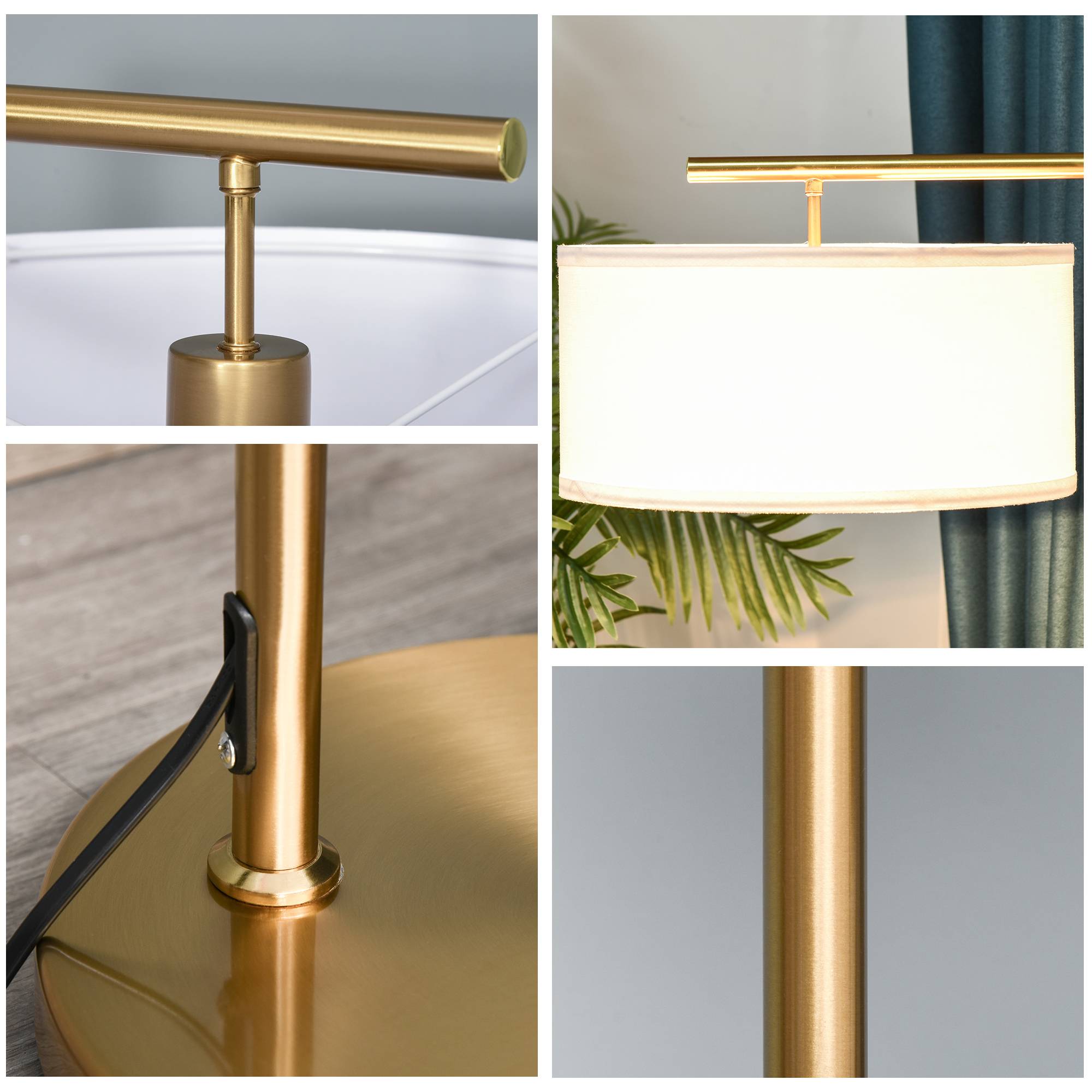Lampadaire, douille E27, finition dorée, abat-jour en tissu blanc, interrupteur au pied, acier, 47 x 37 x 153 cm - Image 9