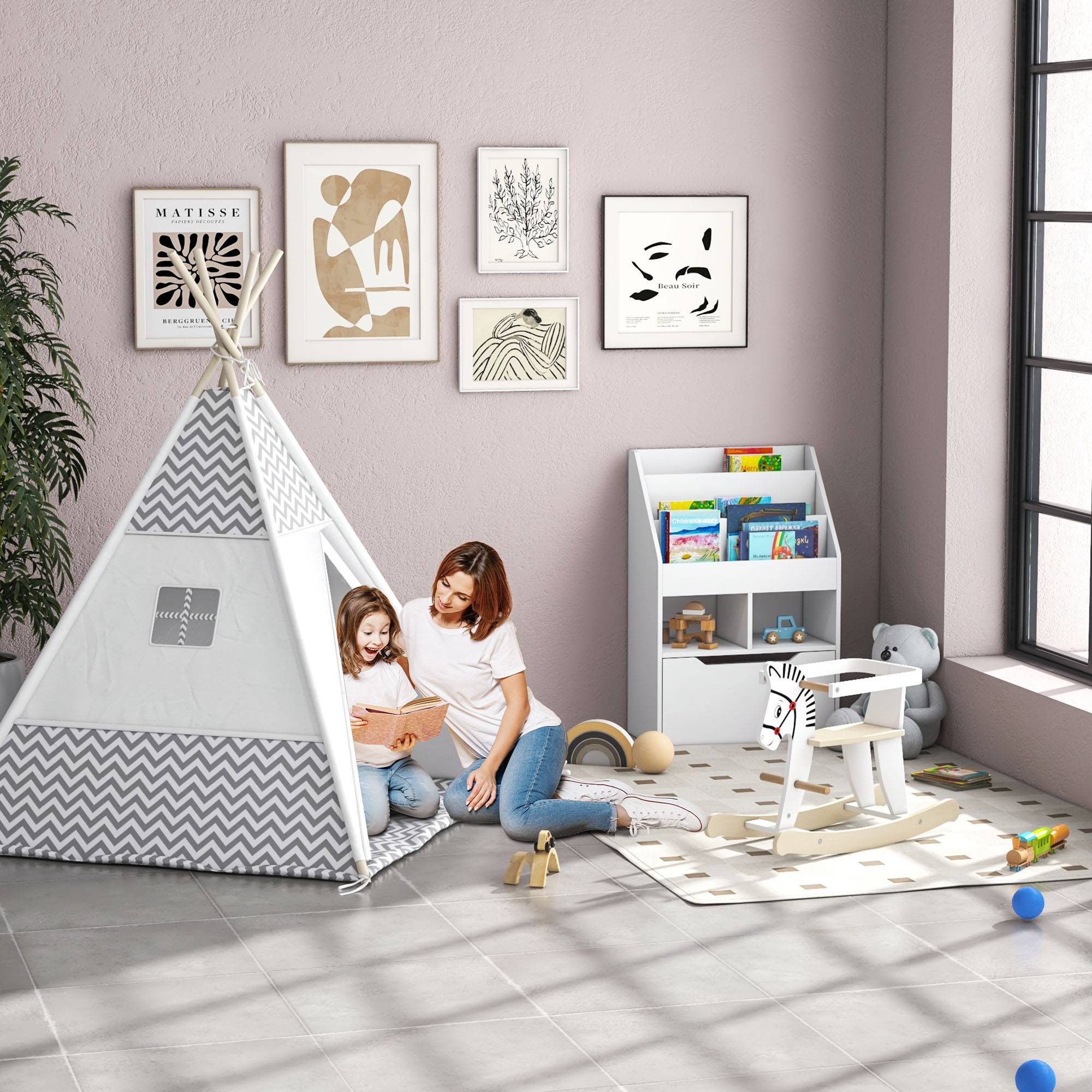 Tente Teepee Indien Enfant Style Graphique 1,2x1,2x1,55m Porte refermable Fenêtre Tapis Coussin Sac Transport Gris Blanc - Image 3