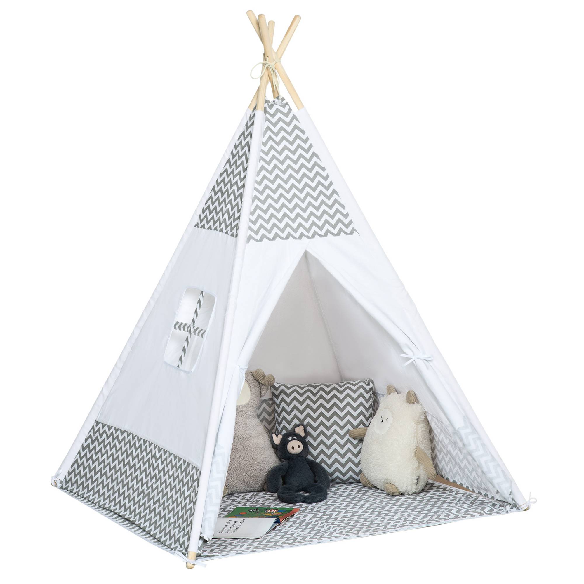 Tente Teepee Indien Enfant Style Graphique 1,2x1,2x1,55m Porte refermable Fenêtre Tapis Coussin Sac Transport Gris Blanc - Image 1