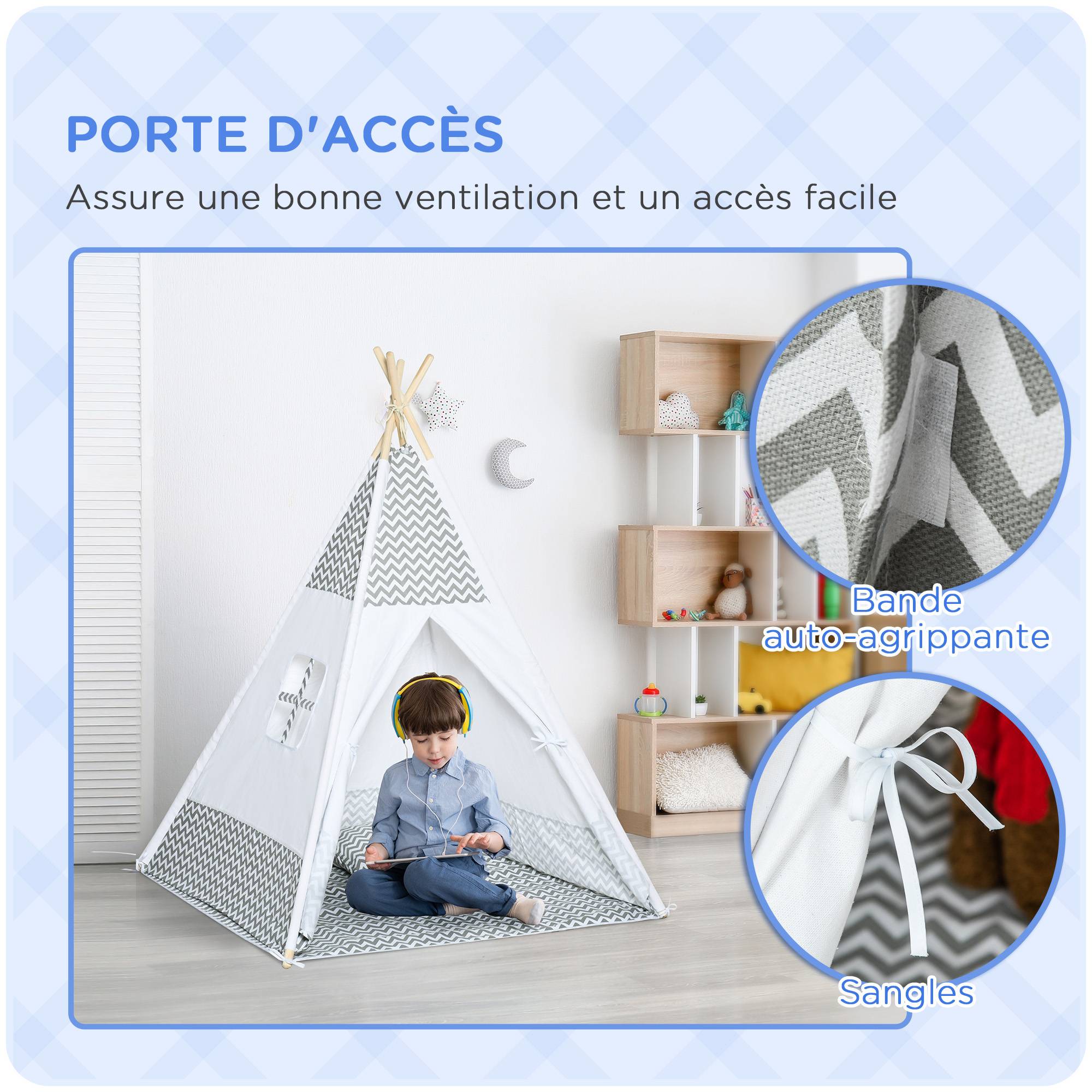 Tente Teepee Indien Enfant Style Graphique 1,2x1,2x1,55m Porte refermable Fenêtre Tapis Coussin Sac Transport Gris Blanc - Image 7