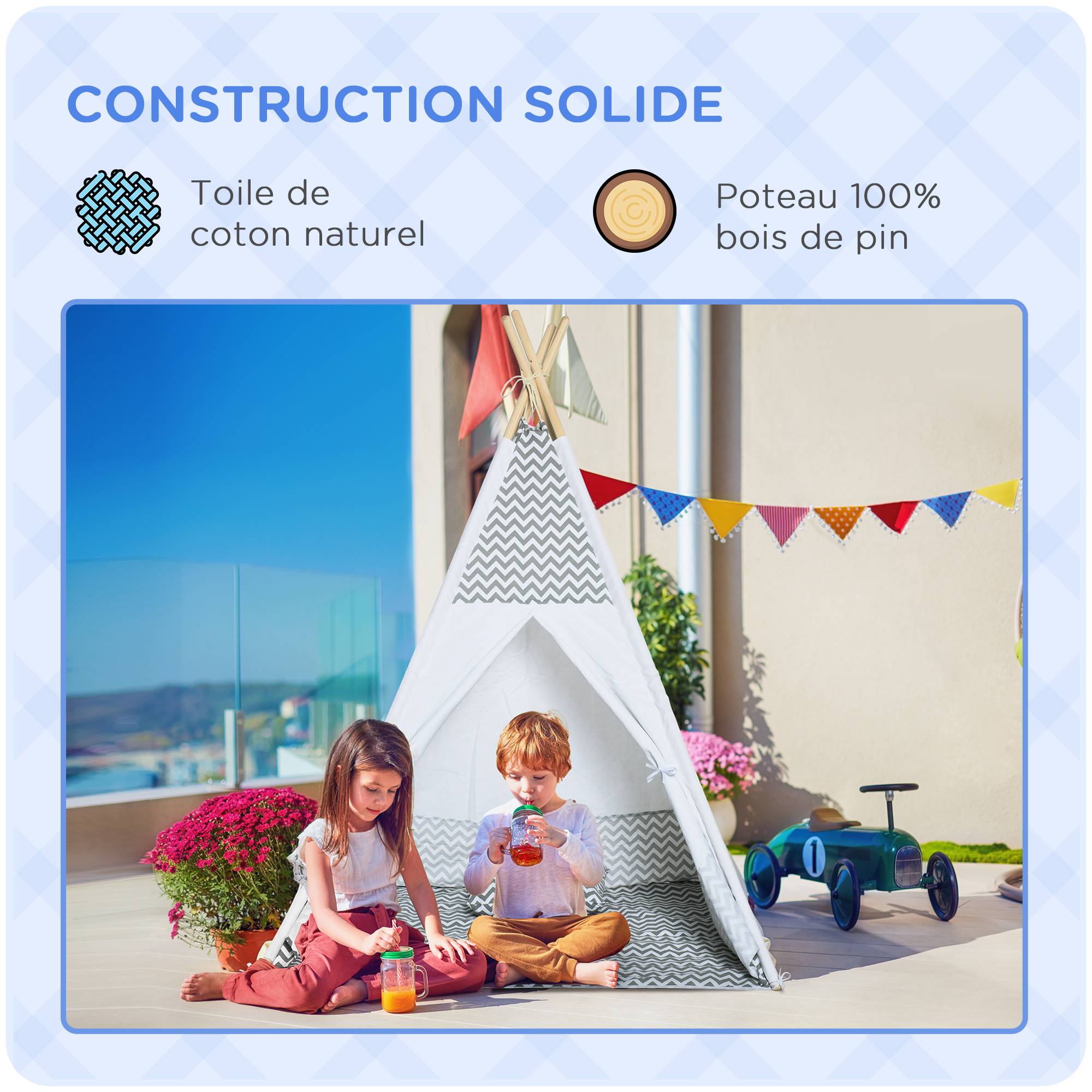 Tente Teepee Indien Enfant Style Graphique 1,2x1,2x1,55m Porte refermable Fenêtre Tapis Coussin Sac Transport Gris Blanc - Image 9