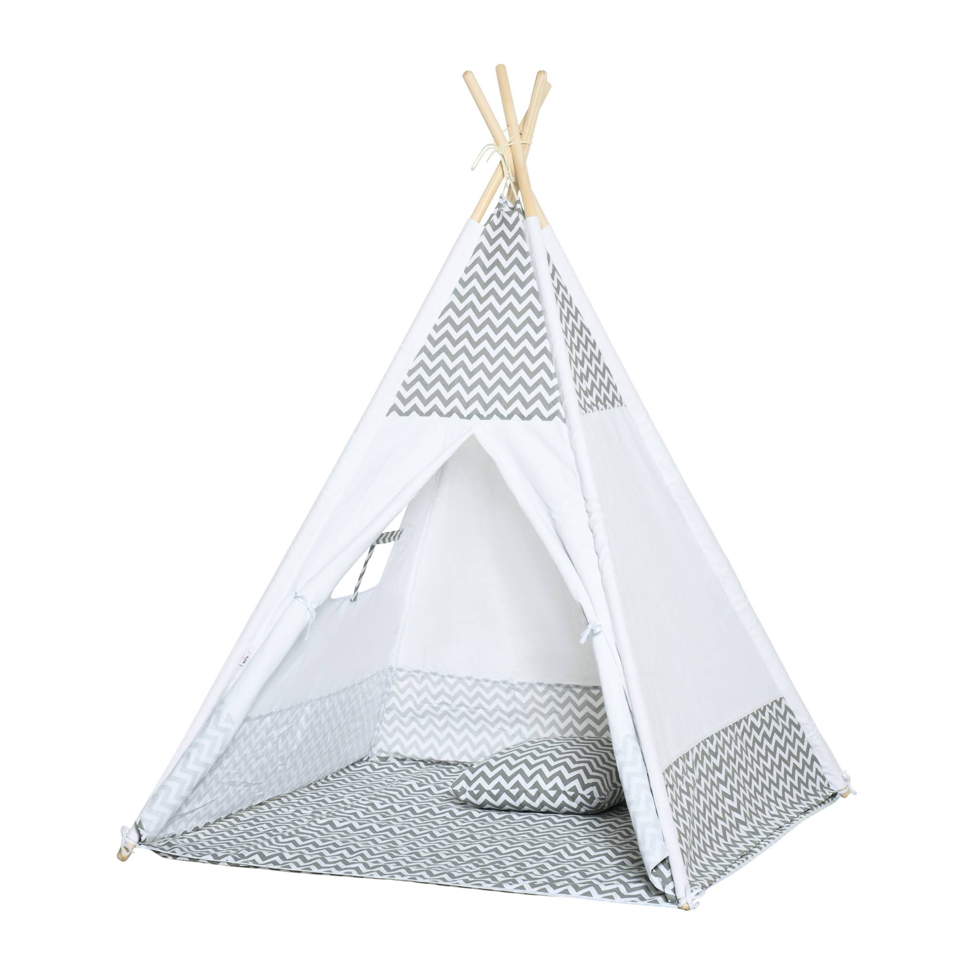 Tente Teepee Indien Enfant Style Graphique 1,2x1,2x1,55m Porte refermable Fenêtre Tapis Coussin Sac Transport Gris Blanc - Image 2