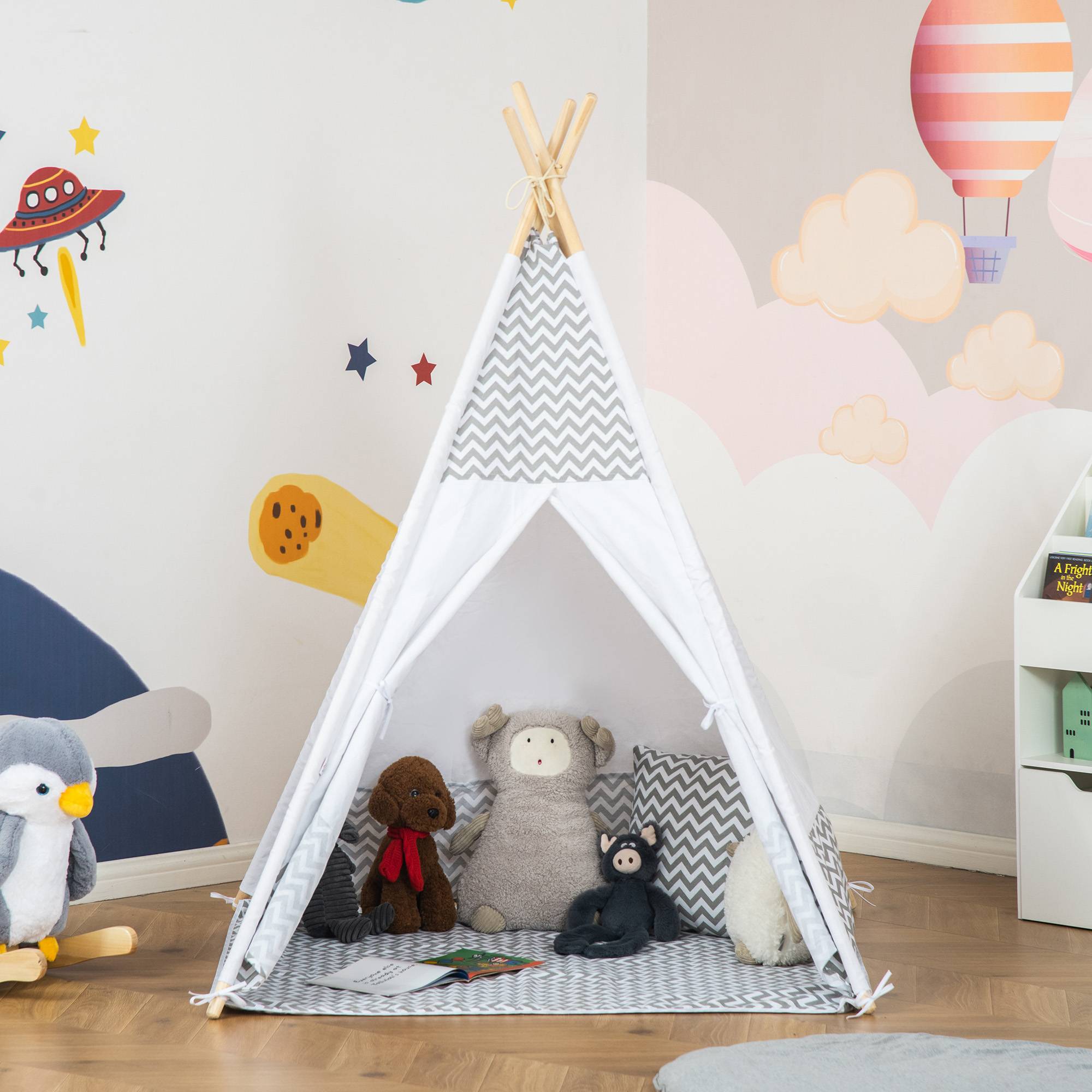 Tente Teepee Indien Enfant Style Graphique 1,2x1,2x1,55m Porte refermable Fenêtre Tapis Coussin Sac Transport Gris Blanc - Image 4