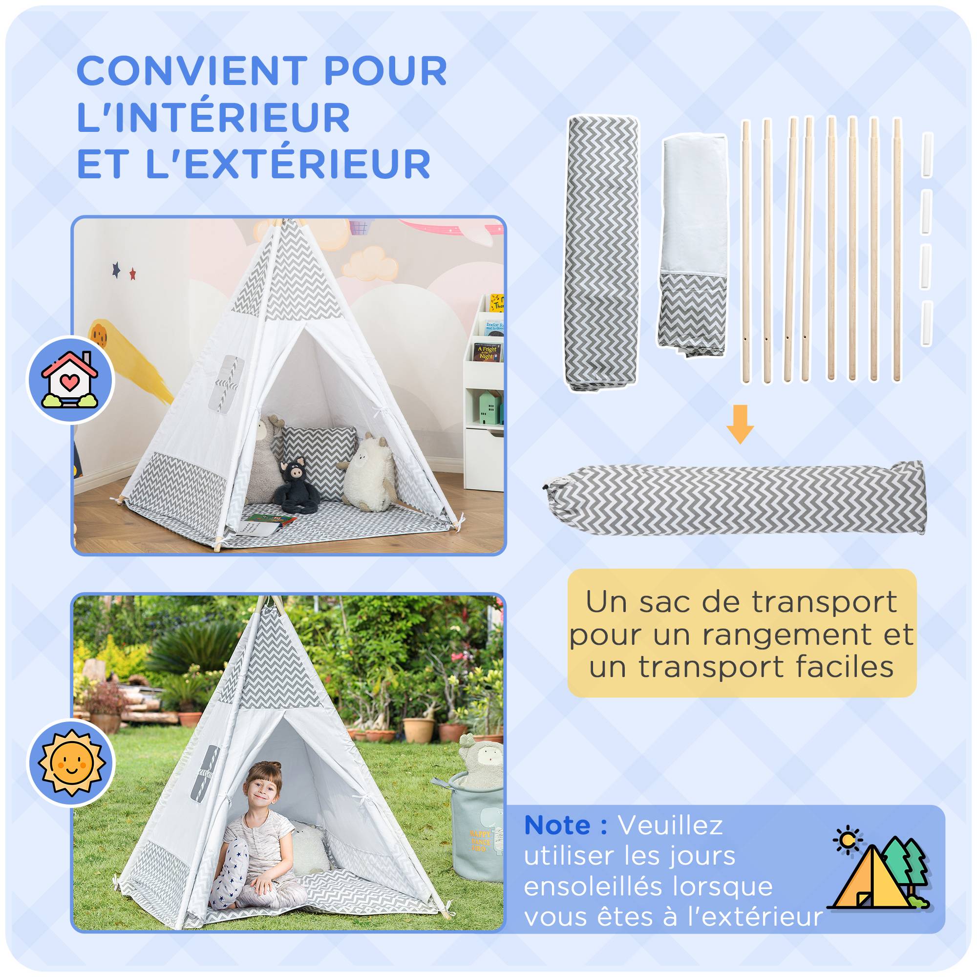 Tente Teepee Indien Enfant Style Graphique 1,2x1,2x1,55m Porte refermable Fenêtre Tapis Coussin Sac Transport Gris Blanc - Image 6