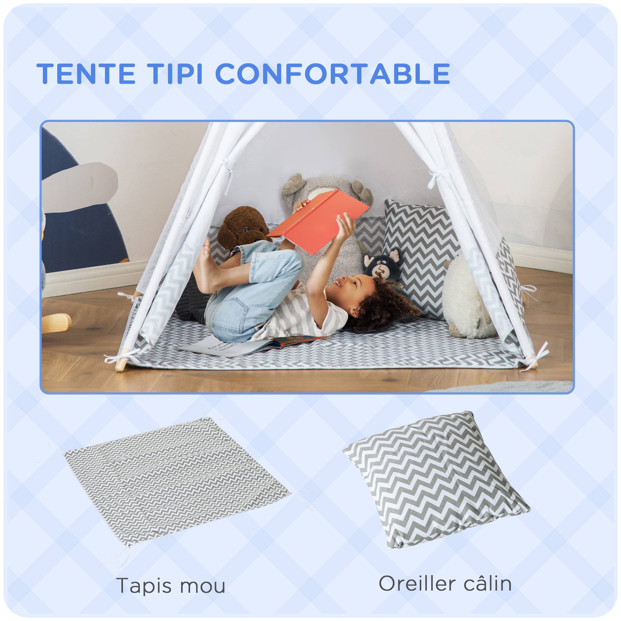 Tente Teepee Indien Enfant Style Graphique 1,2x1,2x1,55m Porte refermable Fenêtre Tapis Coussin Sac Transport Gris Blanc - Image 8