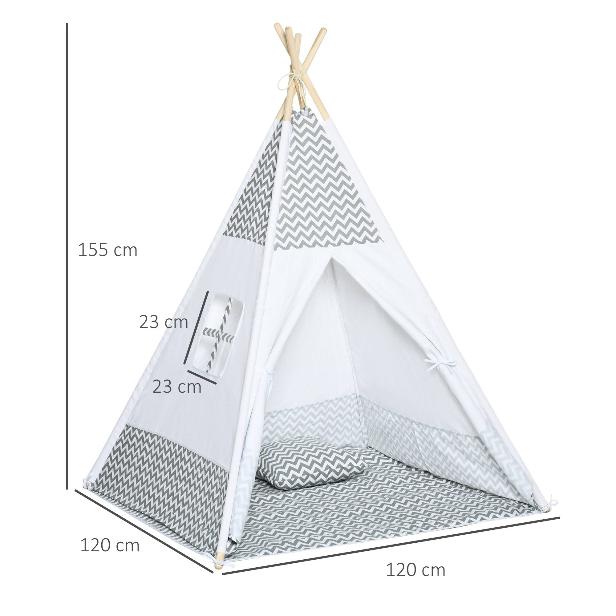 Tente Teepee Indien Enfant Style Graphique 1,2x1,2x1,55m Porte refermable Fenêtre Tapis Coussin Sac Transport Gris Blanc - Image 5