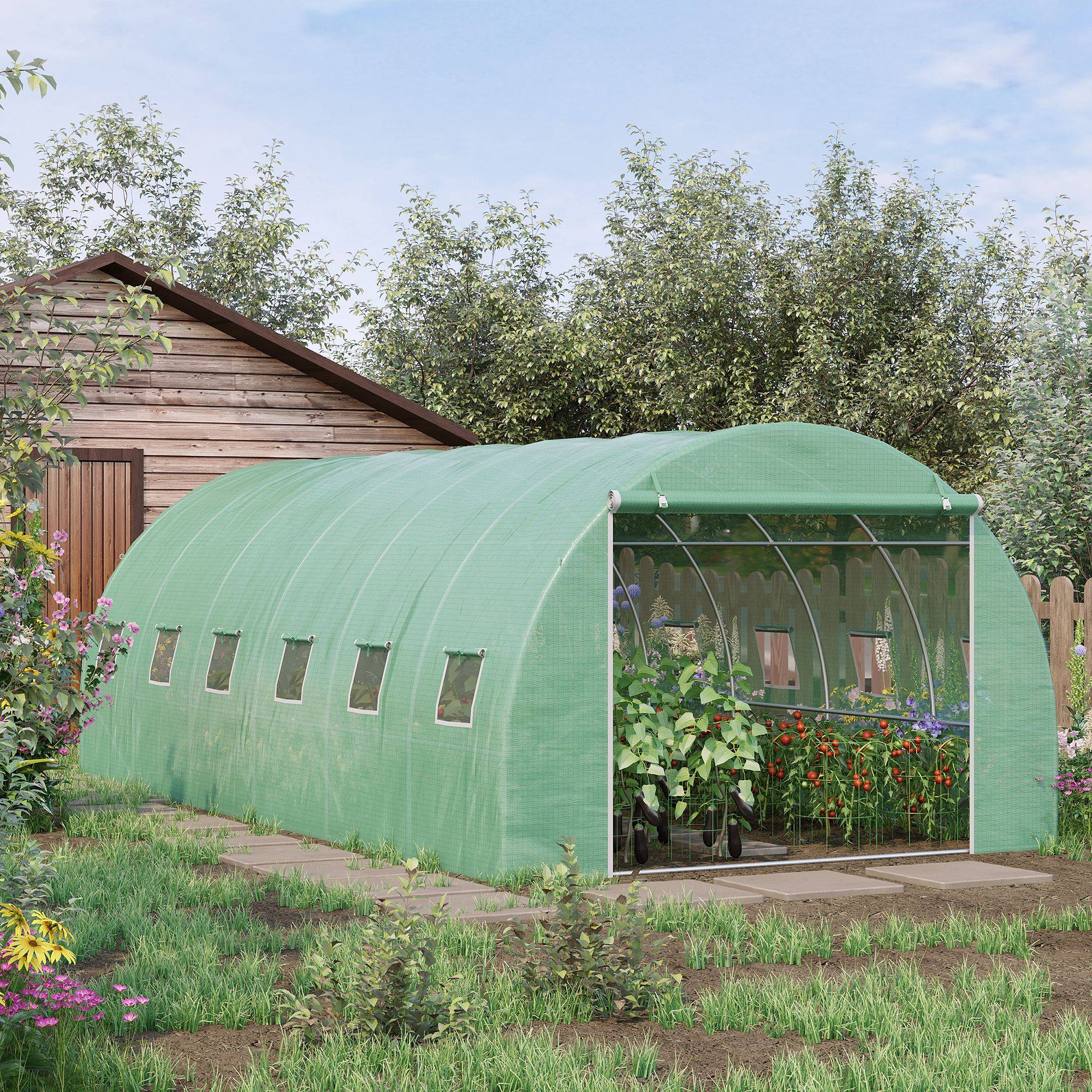Serre tunnel avec 12 fenêtres et une porte, serre potagère pour la culture de plantes, légumes et fleurs (verte) - Image 3