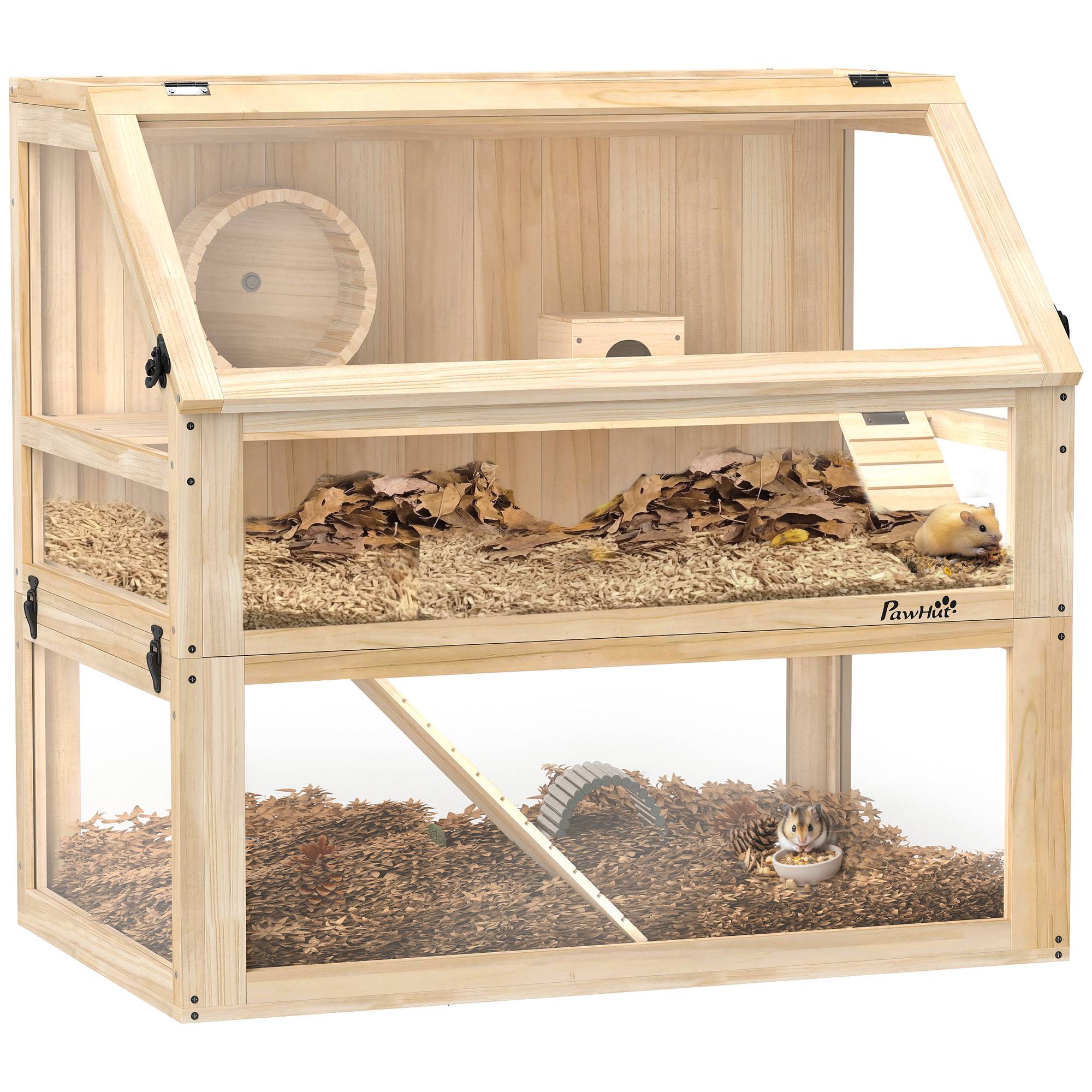 Sans Marque - Cage hamster rongeur 3 niveaux fond amovible 31 cm profondeur cabane balançoire 80x50x76 cm finition bois naturel - Image 1