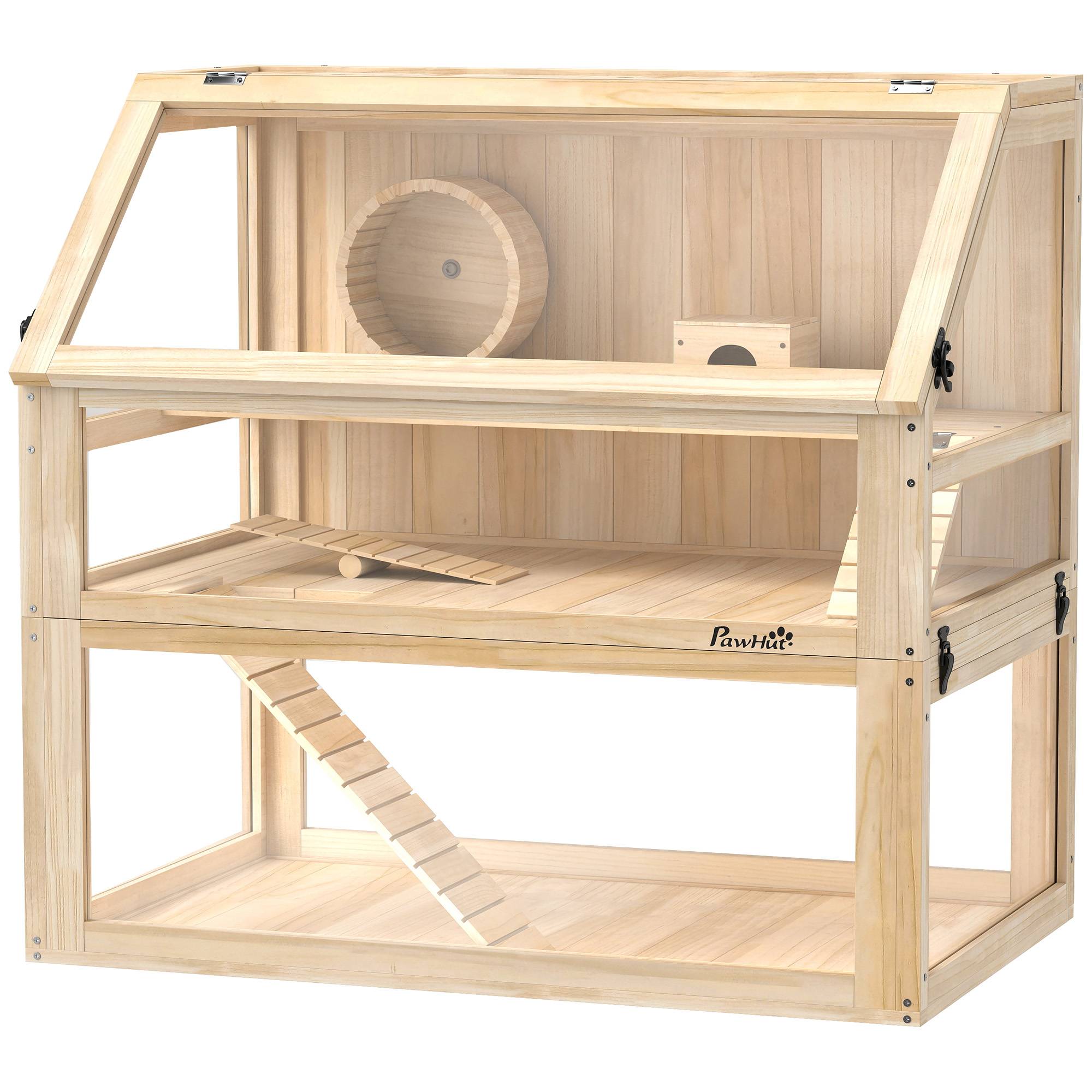 Sans Marque - Cage hamster rongeur 3 niveaux fond amovible 31 cm profondeur cabane balançoire 80x50x76 cm finition bois naturel - Image 2