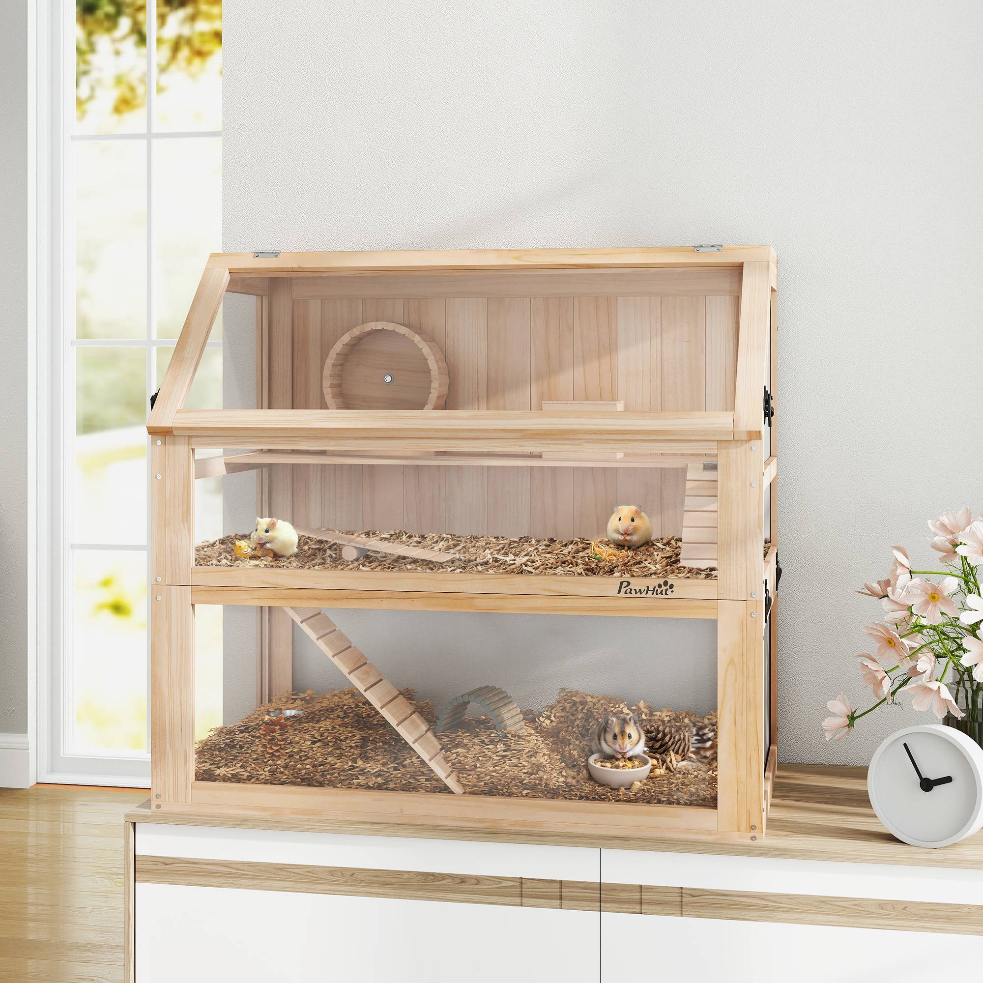 Sans Marque - Cage hamster rongeur 3 niveaux fond amovible 31 cm profondeur cabane balançoire 80x50x76 cm finition bois naturel - Image 4