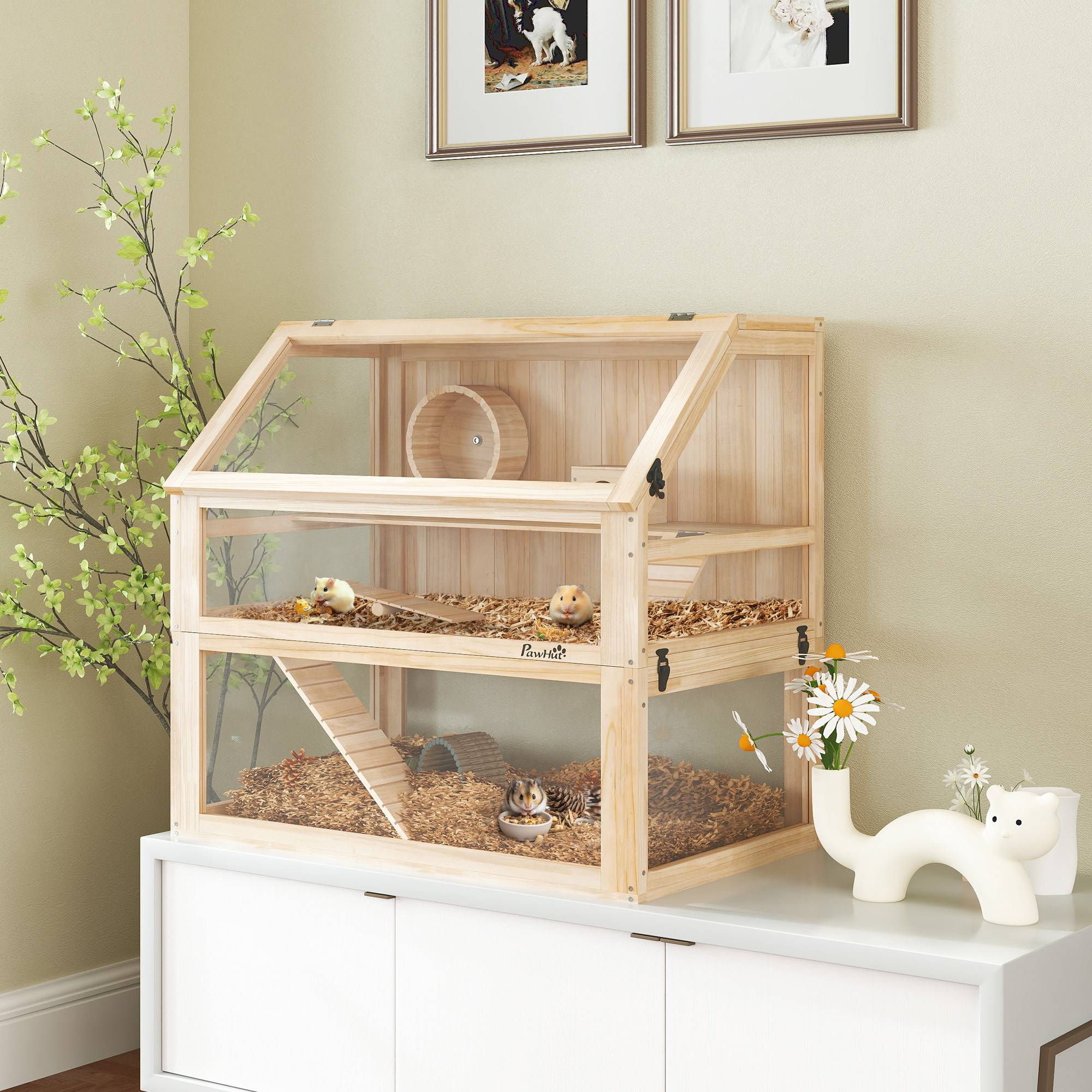 Sans Marque - Cage hamster rongeur 3 niveaux fond amovible 31 cm profondeur cabane balançoire 80x50x76 cm finition bois naturel - Image 3