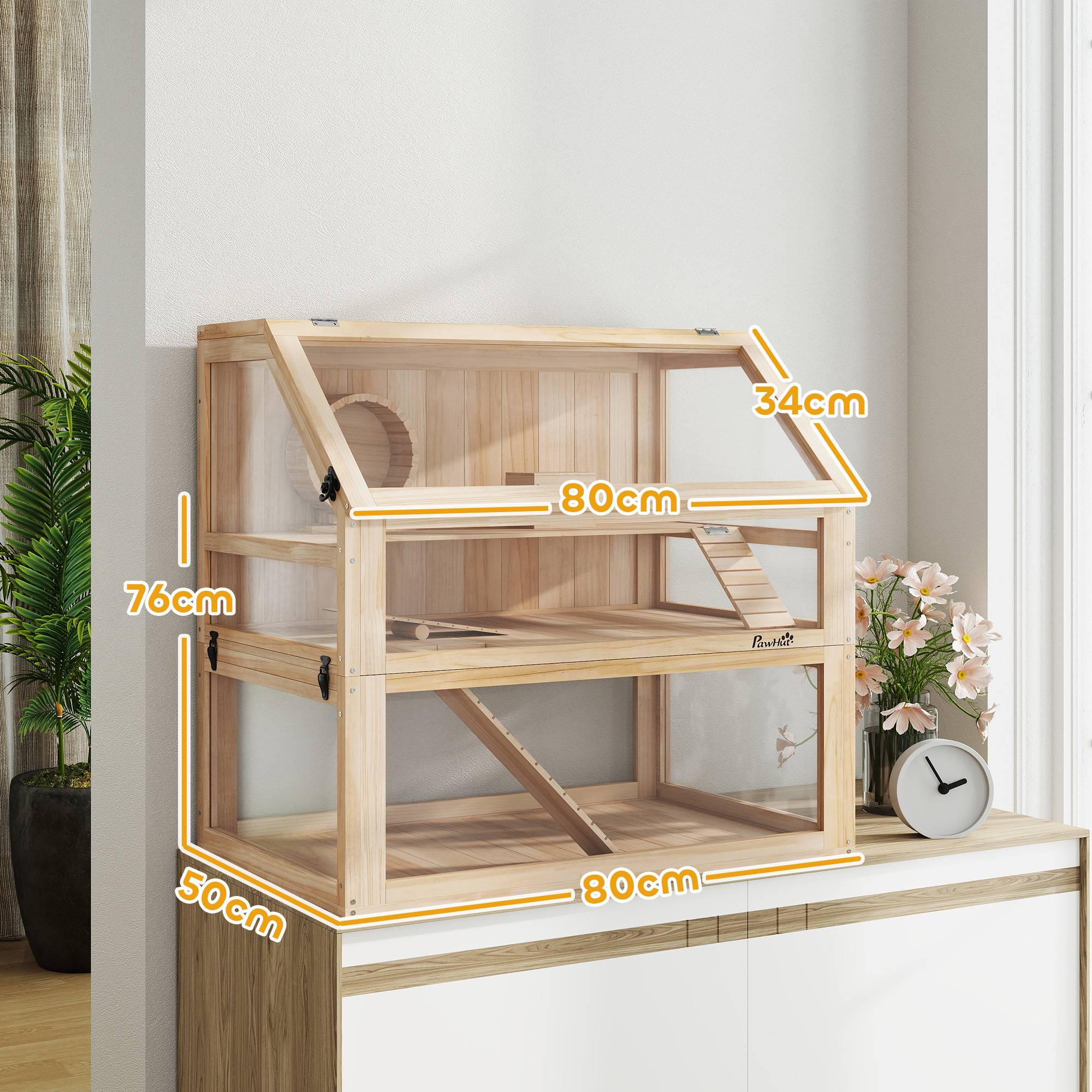 Sans Marque - Cage hamster rongeur 3 niveaux fond amovible 31 cm profondeur cabane balançoire 80x50x76 cm finition bois naturel - Image 5