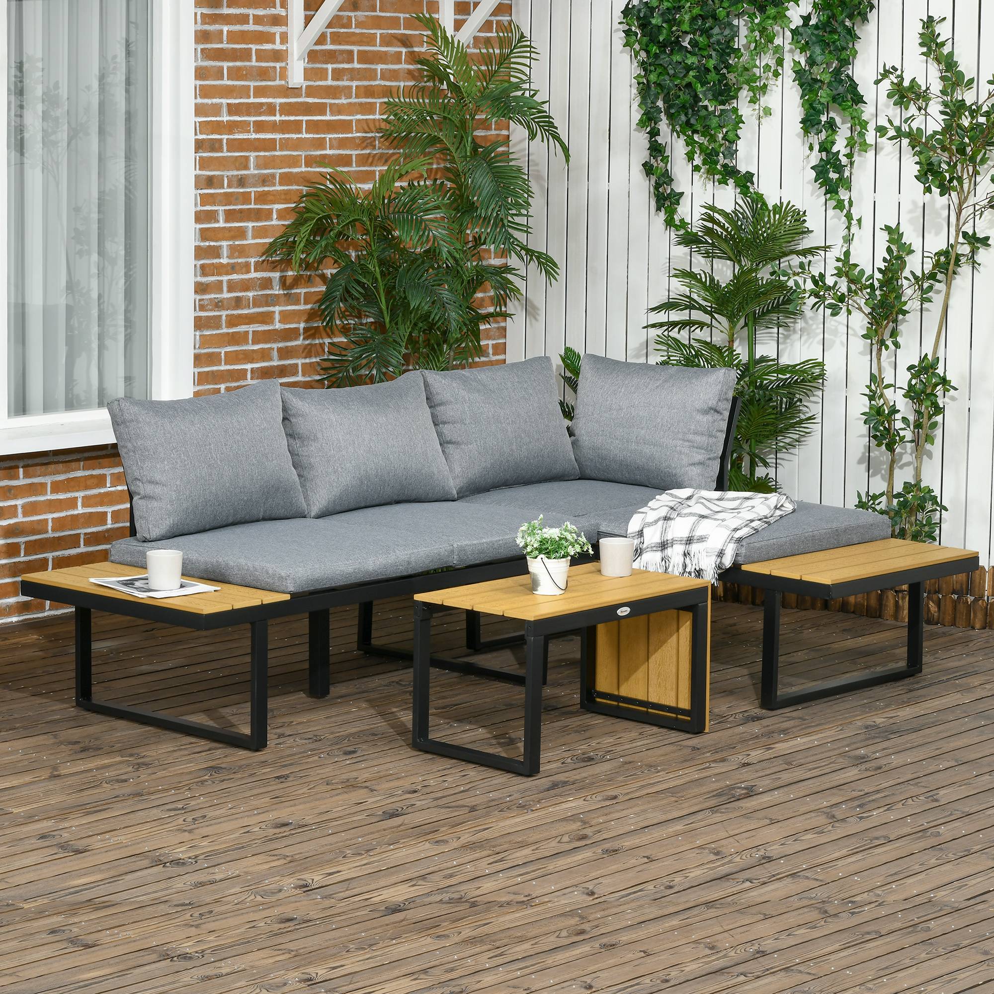 Outsunny - Salon de Jardin d'angle modulable avec table basse aluminium 5 places 3 pièces 8 coussins inclus gris - Outsunny - Image 2
