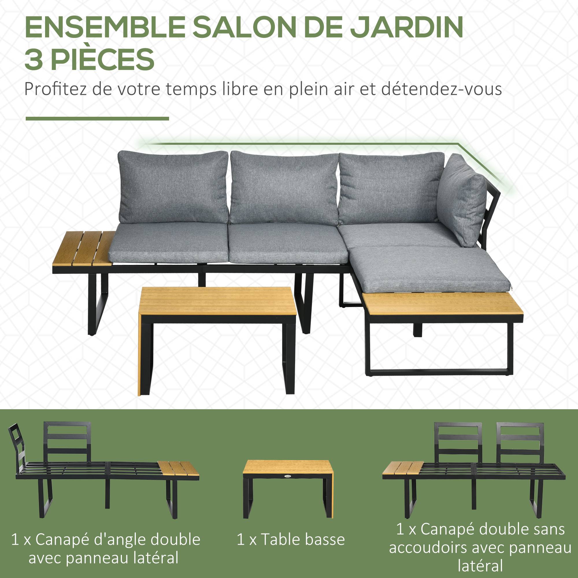 Outsunny - Salon de Jardin d'angle modulable avec table basse aluminium 5 places 3 pièces 8 coussins inclus gris - Outsunny - Image 4