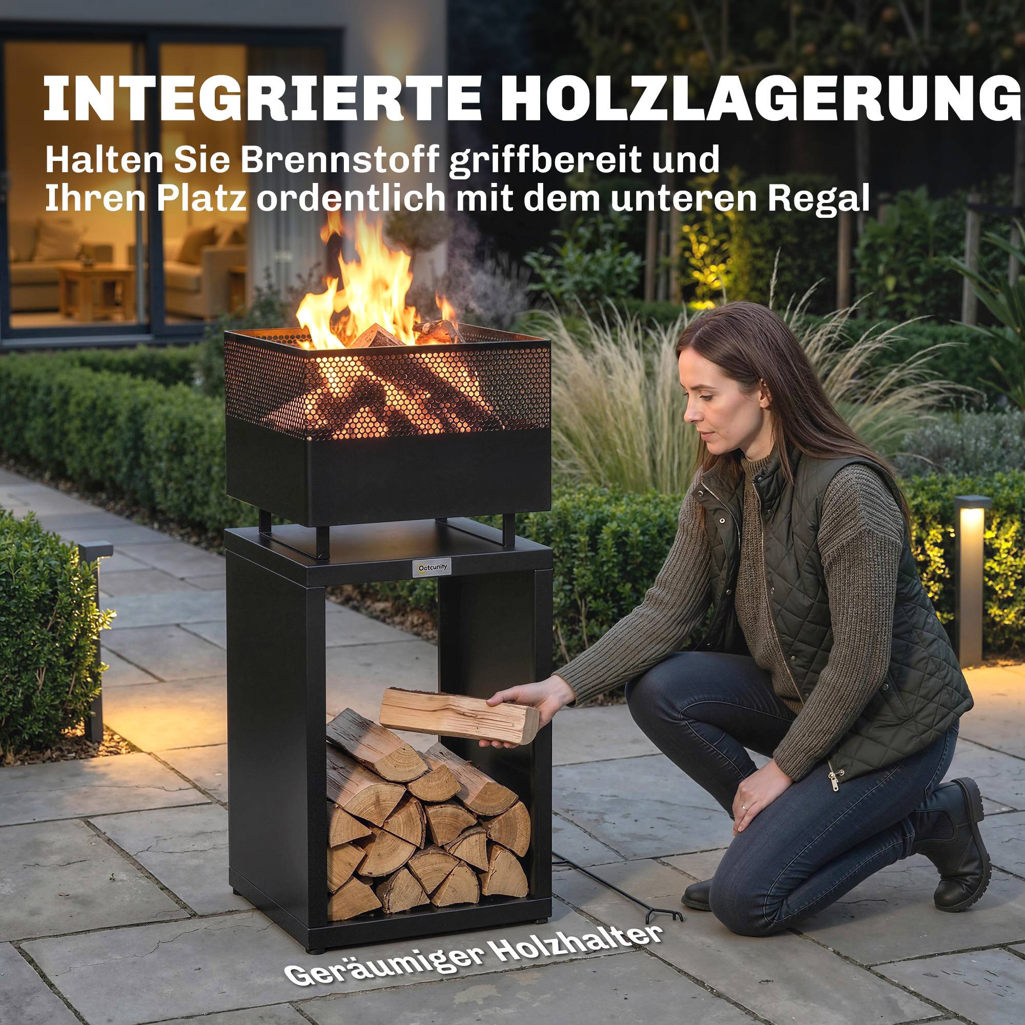 ComfortXL - Brasero extérieur métal noir 39 x 39 x 87 cm terrasse jardin avec range-bûches intégré et pieds réglables - Image 5