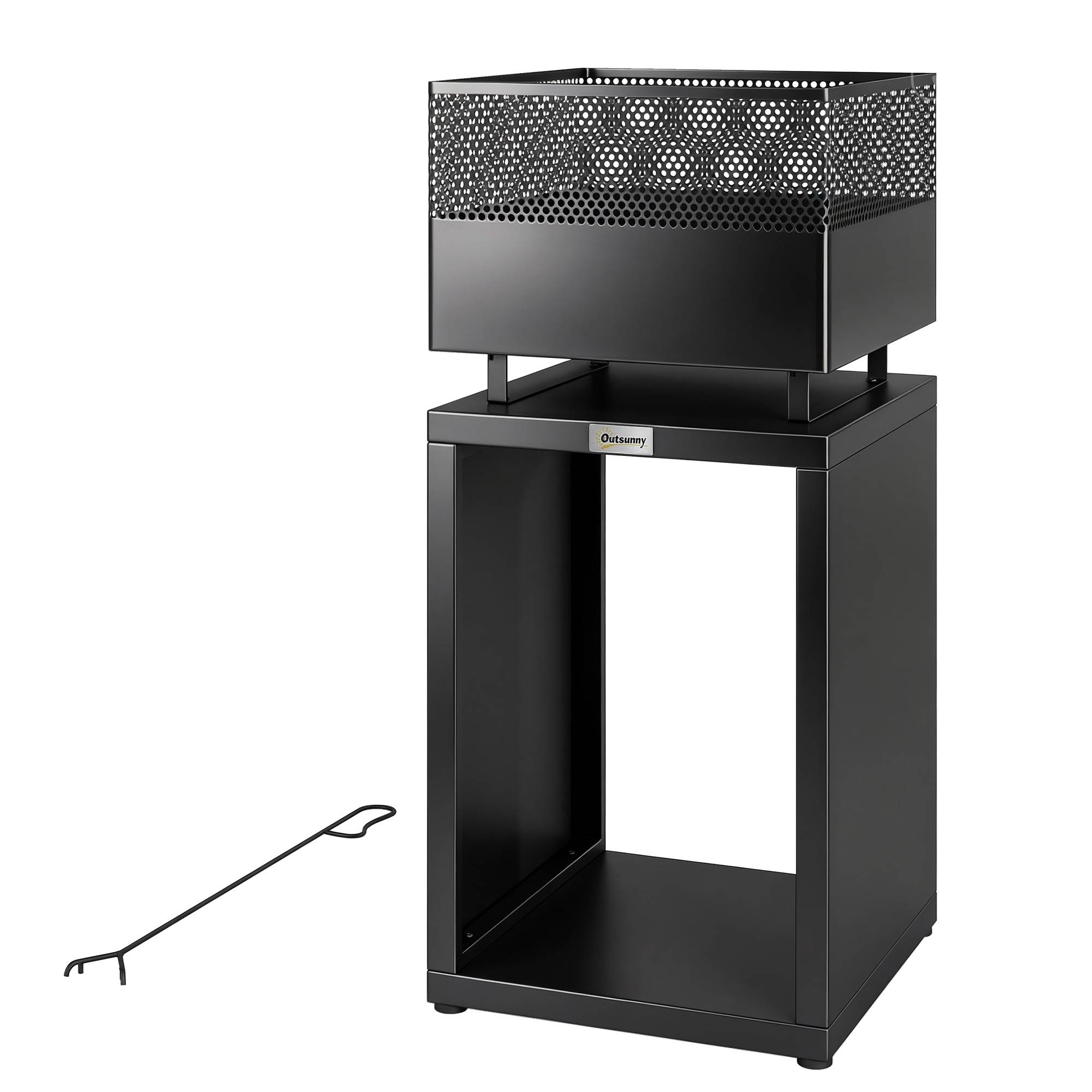 ComfortXL - Brasero extérieur métal noir 39 x 39 x 87 cm terrasse jardin avec range-bûches intégré et pieds réglables - Image 2