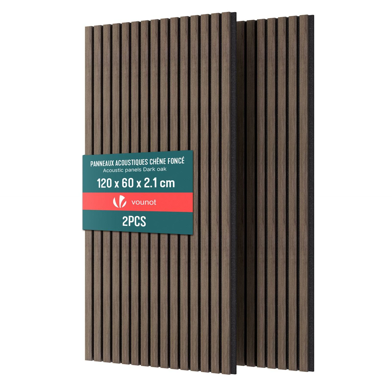 Lot de 2 panneaux acoustiques muraux Tasseaux en bois MDF avec feutre noir 120x60x2.1cm chene foncé
