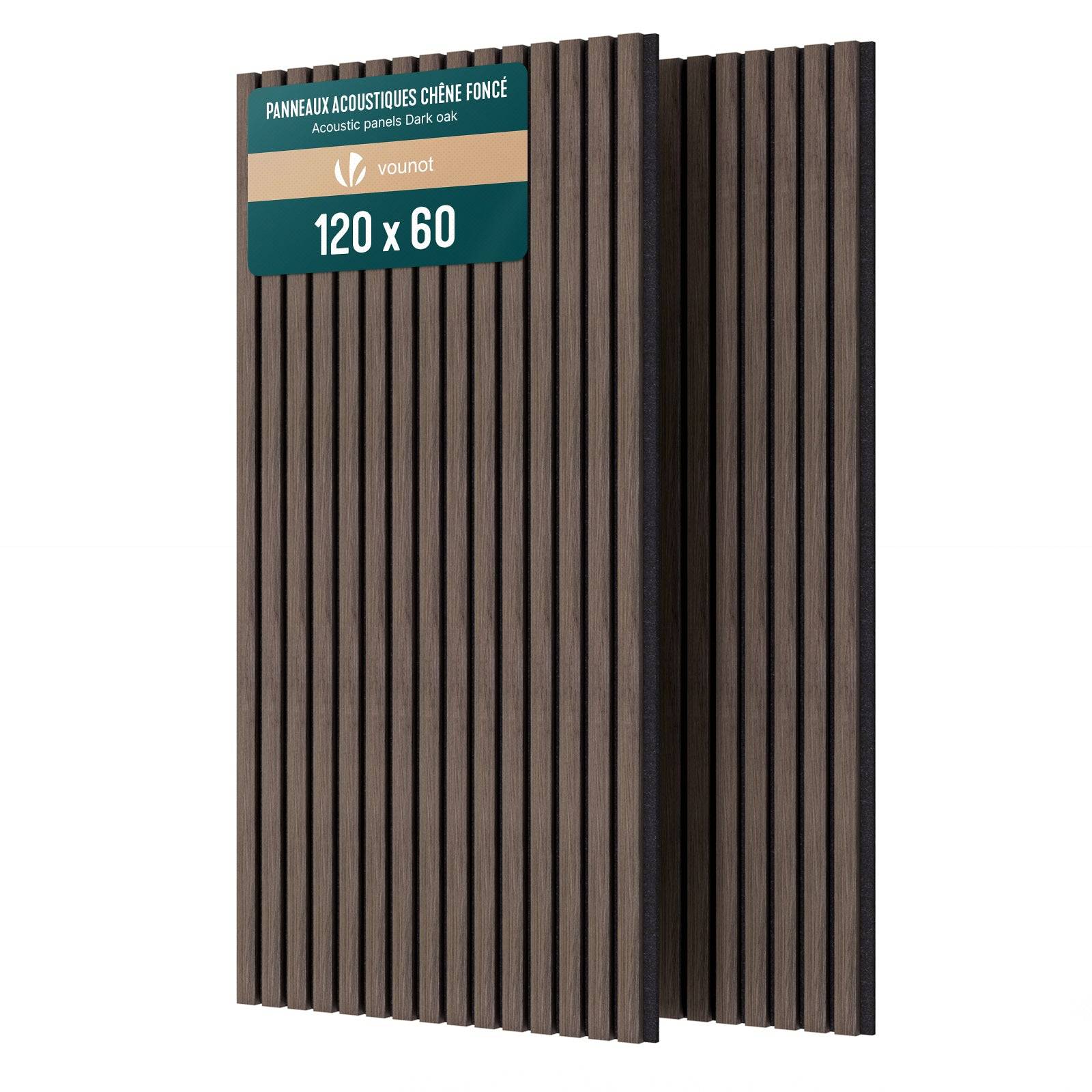 Vounot - Lot de 2 panneaux acoustiques muraux Tasseaux en bois MDF avec feutre noir 120x60x2.1cm chêne foncé - Image 1