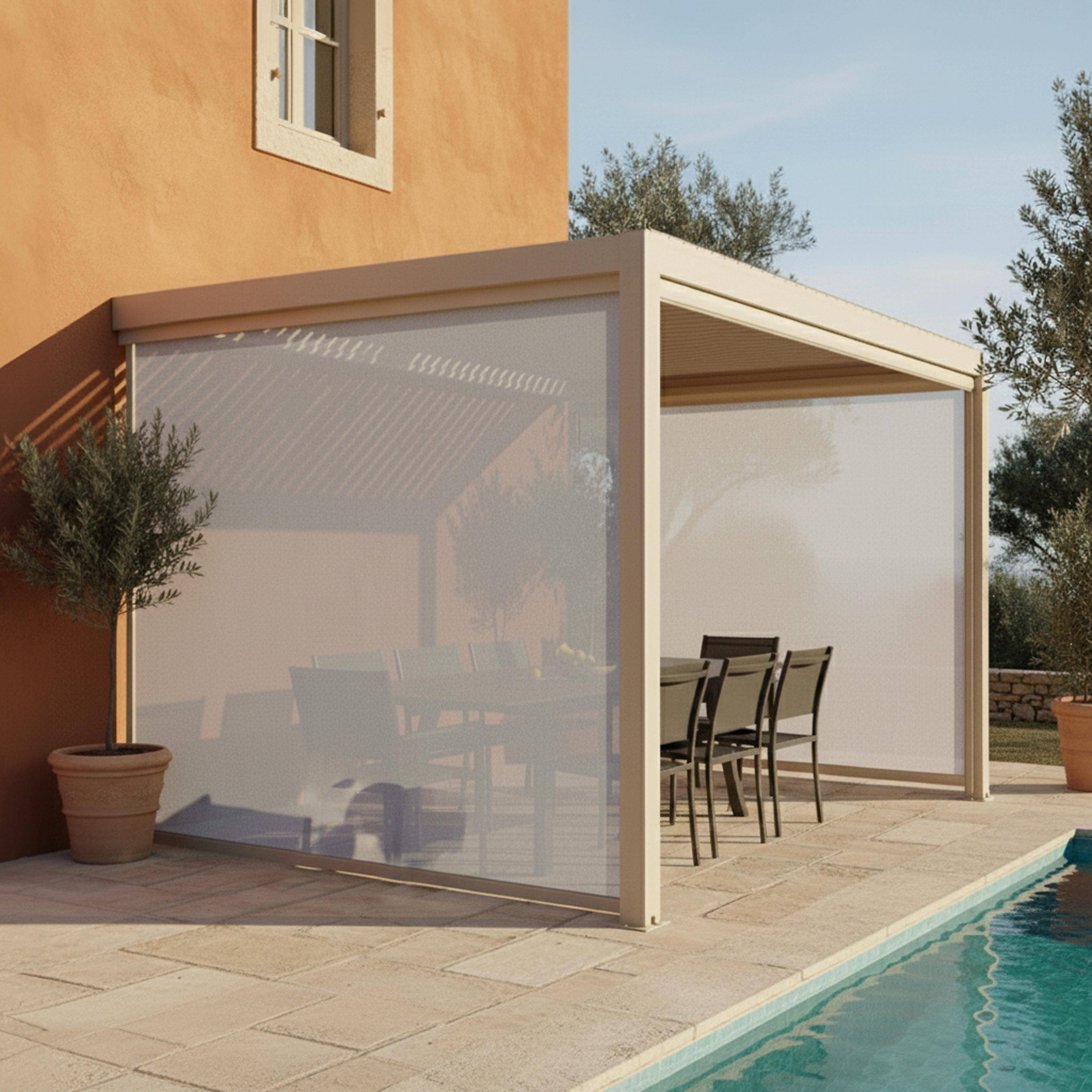 Oviala - Pergola bioclimatique adossée 3x4m et 2 stores bois crème Oia - Oviala - Image 1
