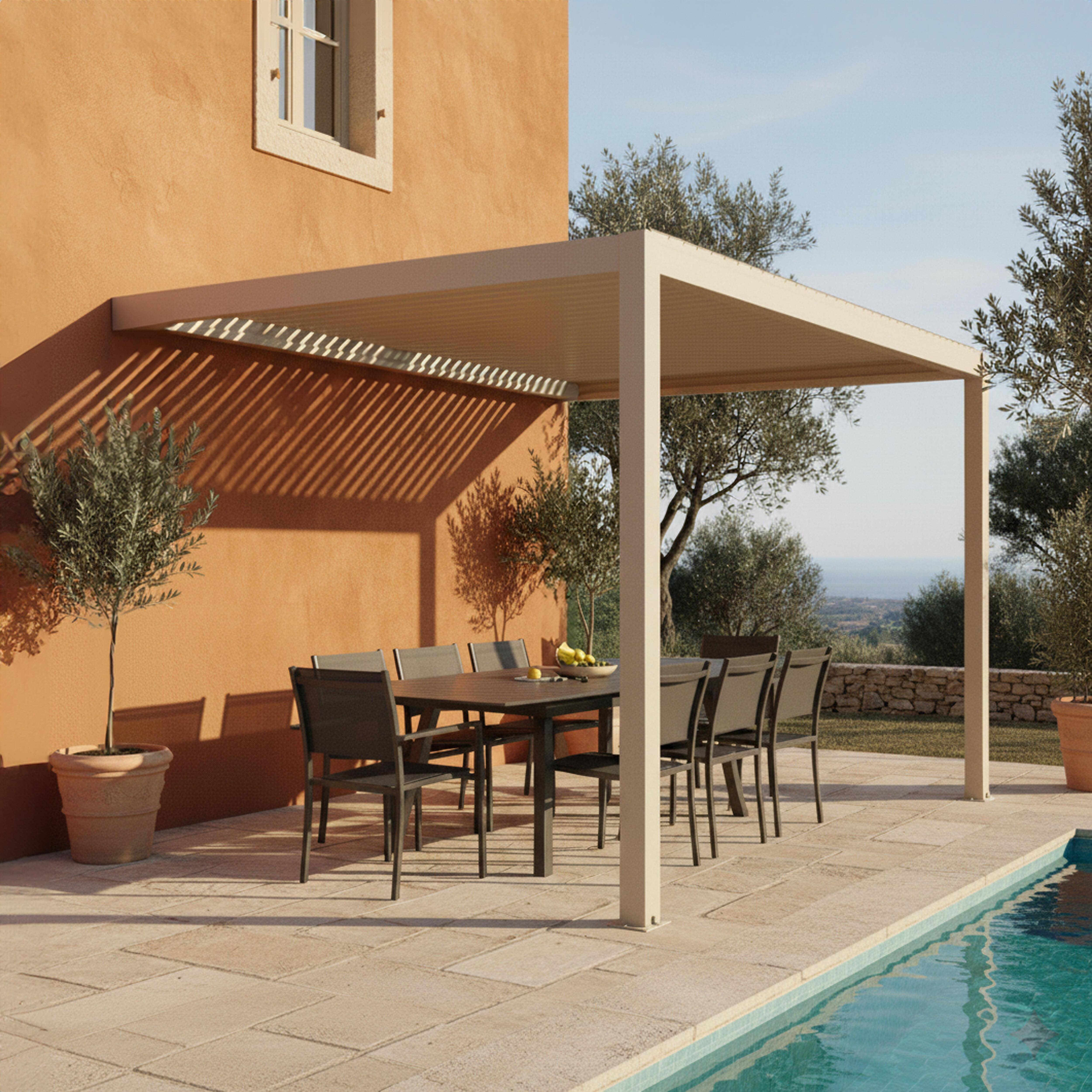 Oviala - Pergola bioclimatique adossée 3x4m et 2 stores bois crème Oia - Oviala - Image 3
