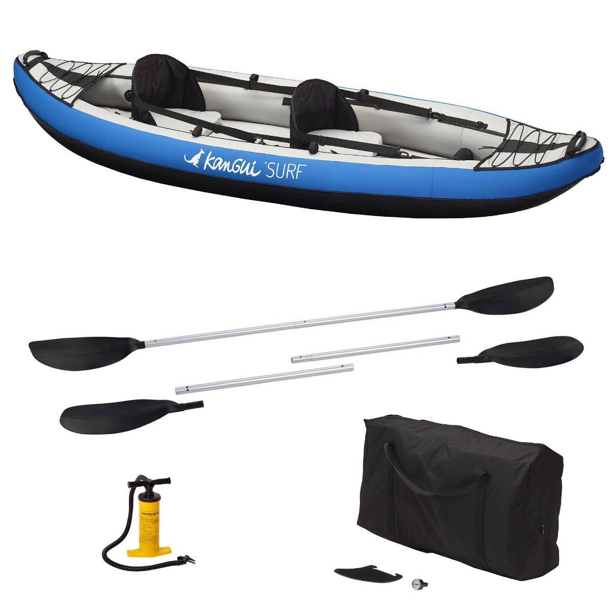 Kangui - KANGUI Canoë Kayak gonflable Bleu 1 à 2 places + pagaie + sac transport + pompe double action+ kit de réparation - Image 1