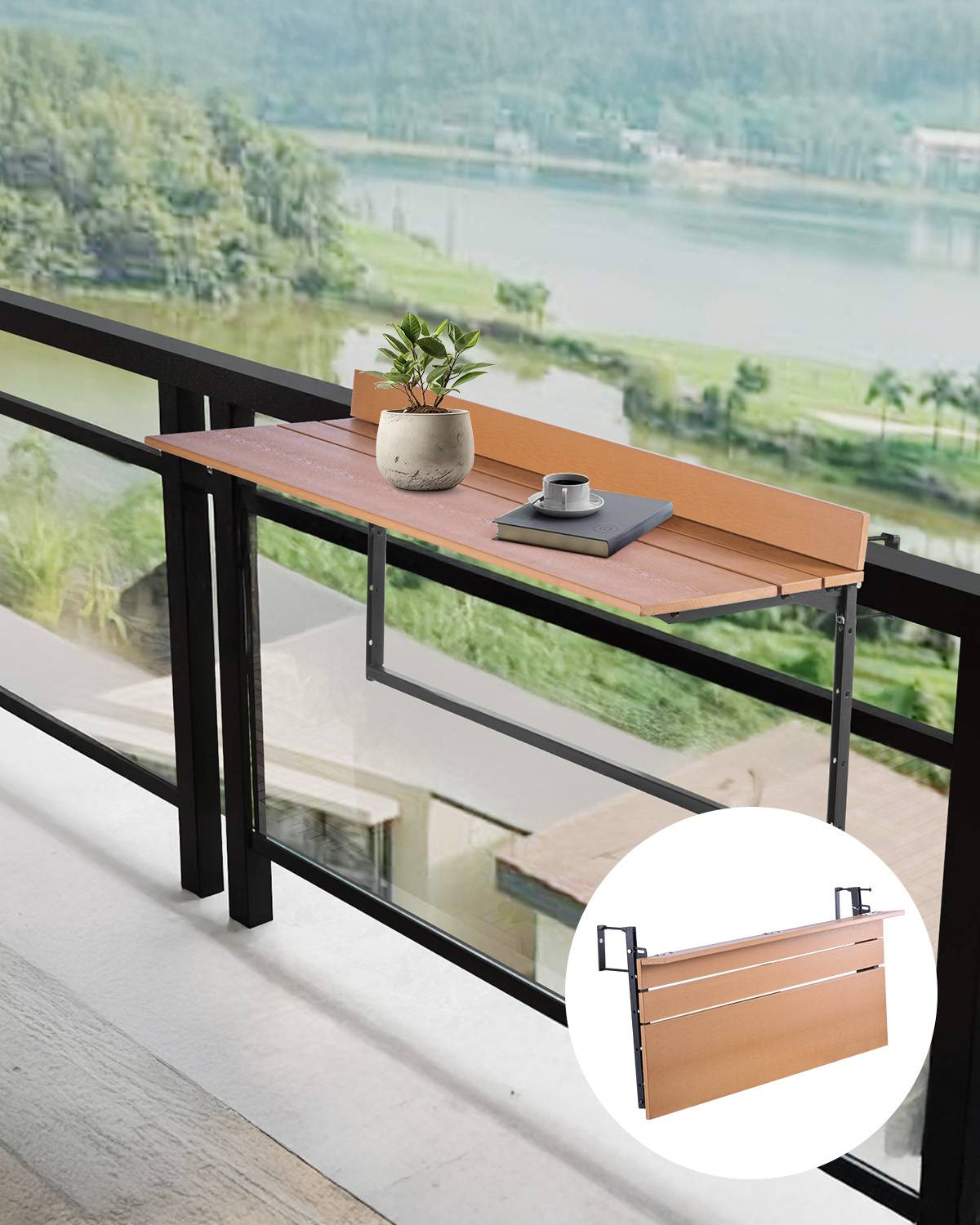 VEVOR Table suspendue balcon 1000x485x480 mm, pliante, réglable 5 niveaux. Pour garde-corps, terrasse. - Image 1