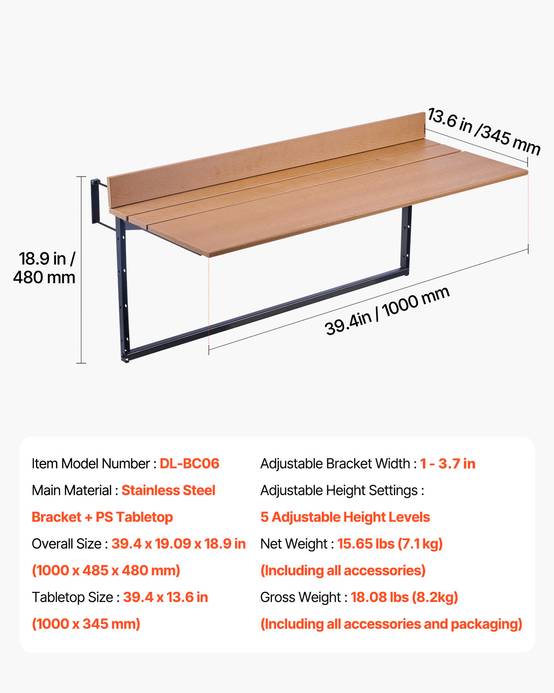 VEVOR Table suspendue balcon 1000x485x480 mm, pliante, réglable 5 niveaux. Pour garde-corps, terrasse. - Image 7