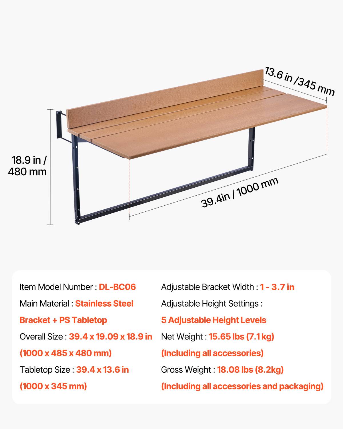 VEVOR Table suspendue balcon 1000x485x480 mm, pliante, réglable 5 niveaux. Pour garde-corps, terrasse. - Image 7
