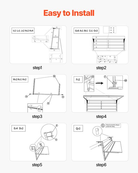 VEVOR Table suspendue balcon 1000x485x480 mm, pliante, réglable 5 niveaux. Pour garde-corps, terrasse. - Image 4