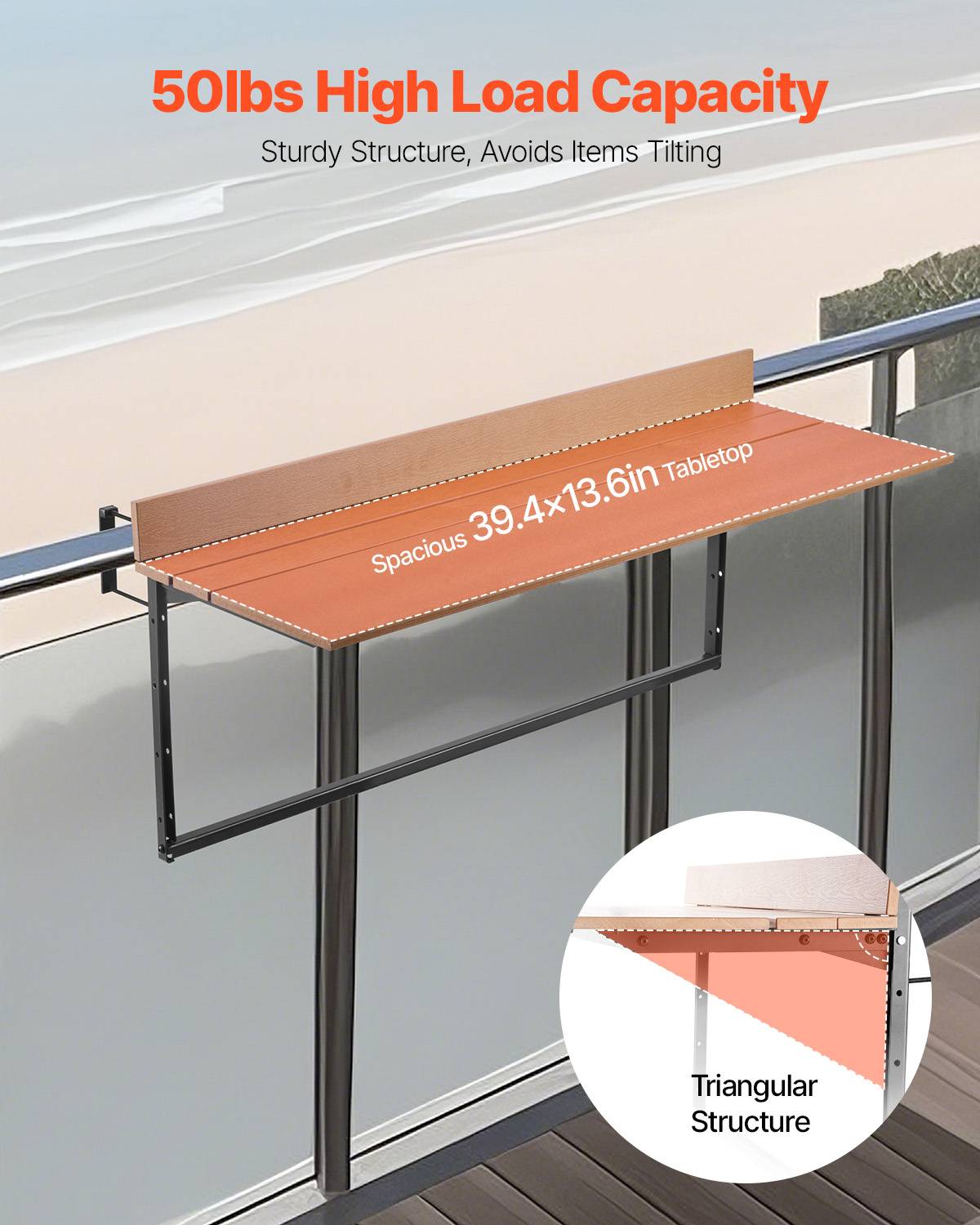 VEVOR Table suspendue balcon 1000x485x480 mm, pliante, réglable 5 niveaux. Pour garde-corps, terrasse. - Image 3