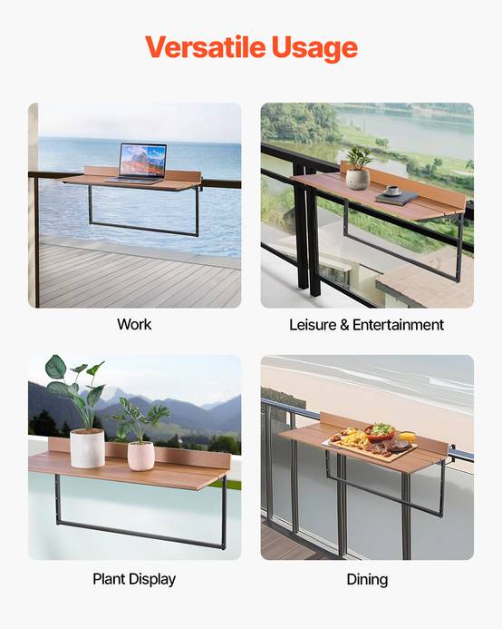 VEVOR Table suspendue balcon 1000x485x480 mm, pliante, réglable 5 niveaux. Pour garde-corps, terrasse. - Image 6