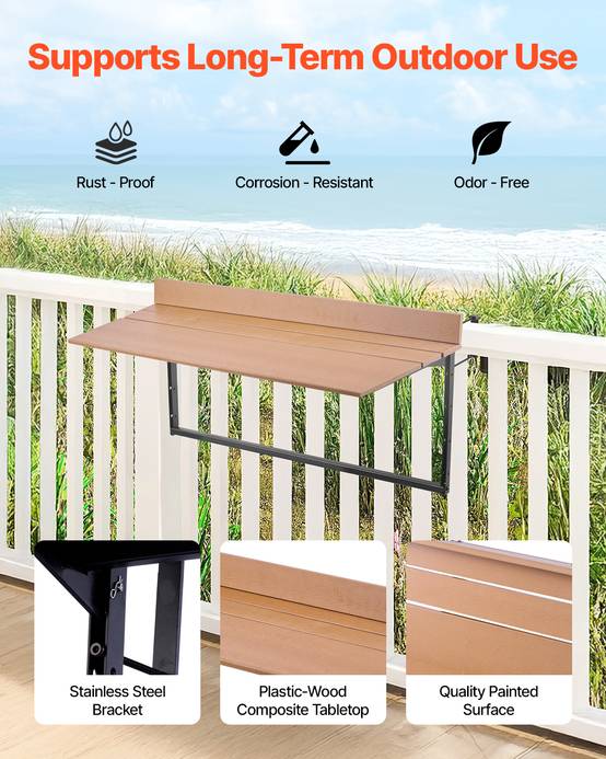 VEVOR Table suspendue balcon 1000x485x480 mm, pliante, réglable 5 niveaux. Pour garde-corps, terrasse. - Image 2