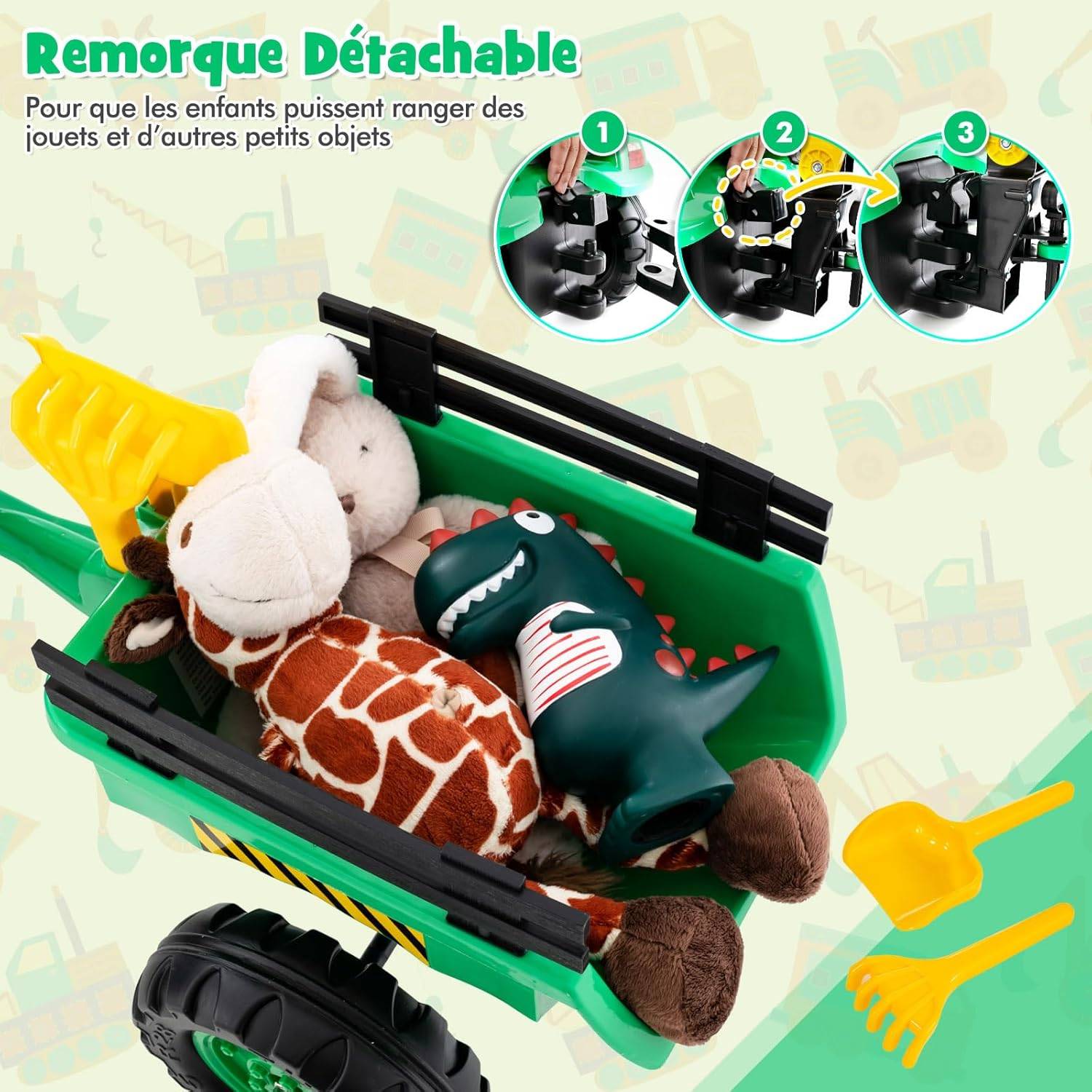 Tracteur Jouet 3 En 1 Pour Enfant - 6 Roues, Pelle, Remorque Amovible - Multicolore