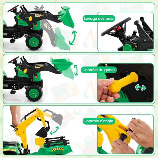 Costway - 3 en 1 Tractopelle Enfant avec Pelle et Remorque Amovible, Tracteur Enfants - Image 3