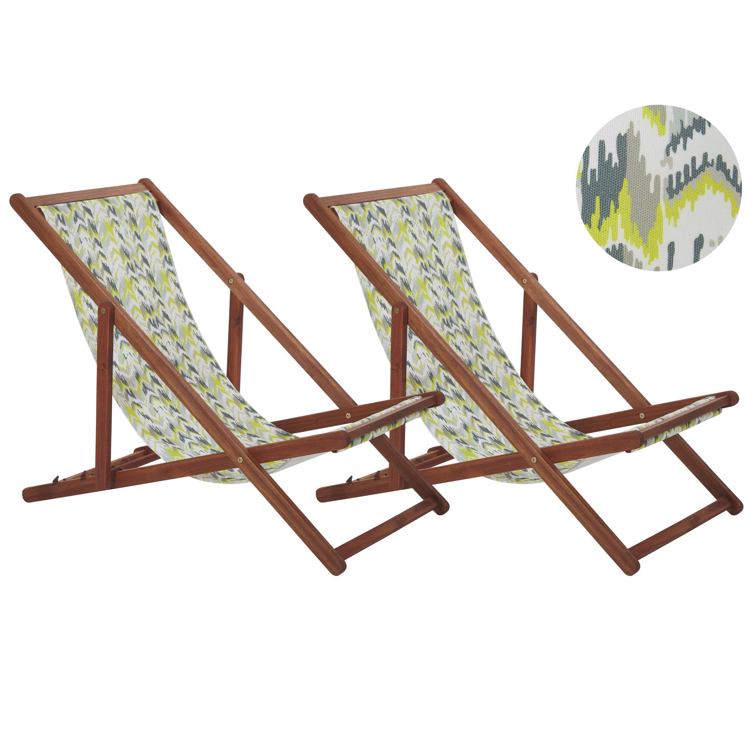 Beliani - 2 Transats Chaises Chiliennes Pliantes et Réglables en Bois d'Acacia Foncé et Tissu Jaune et Gris avec Toiles de Remplacement - Image 1