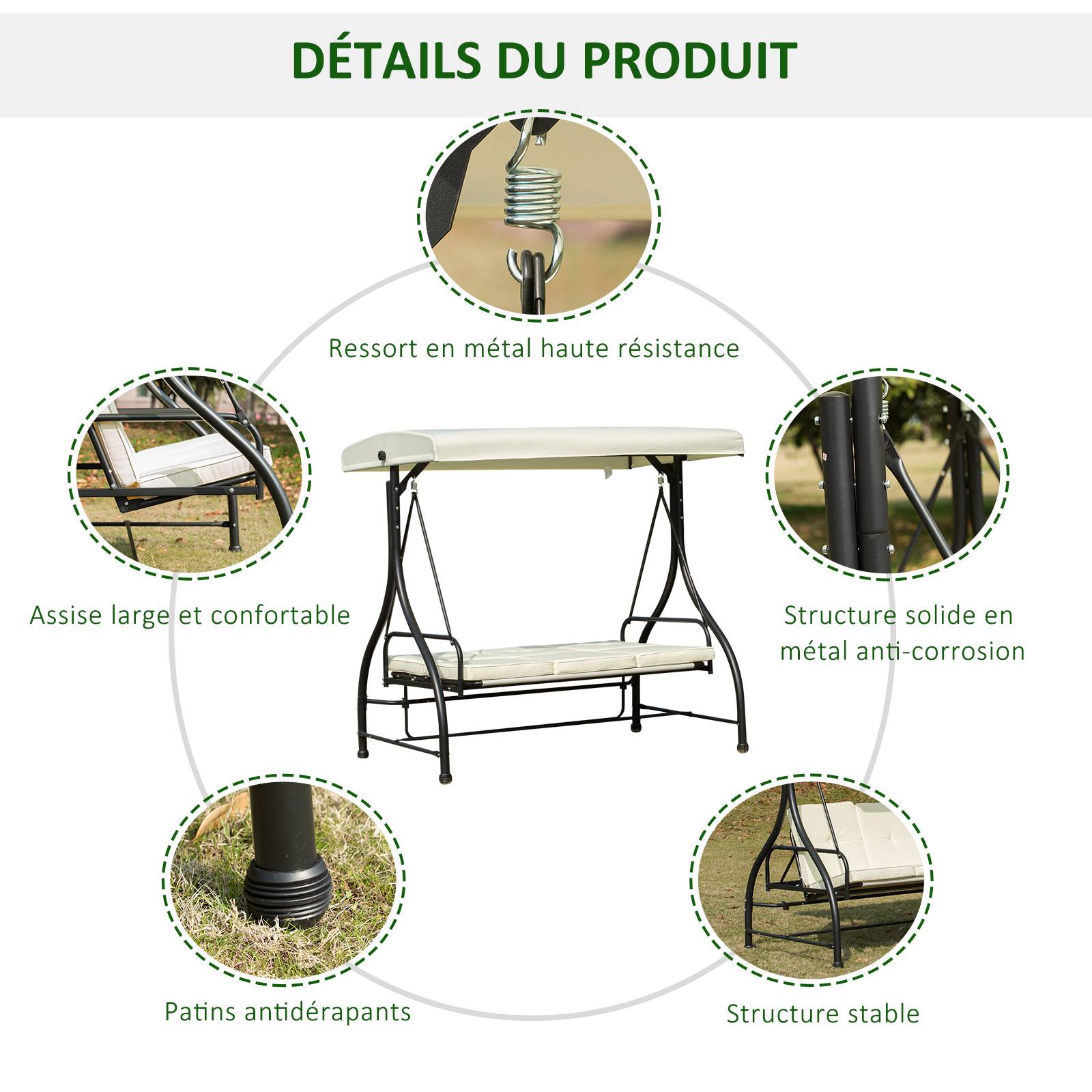 Outsunny - Balancelle de jardin 3 places convertible inclinaison toit réglable matelas grand confort rembourrage 8 cm fourni métal époxy noir crème - Outsunny - Image 6