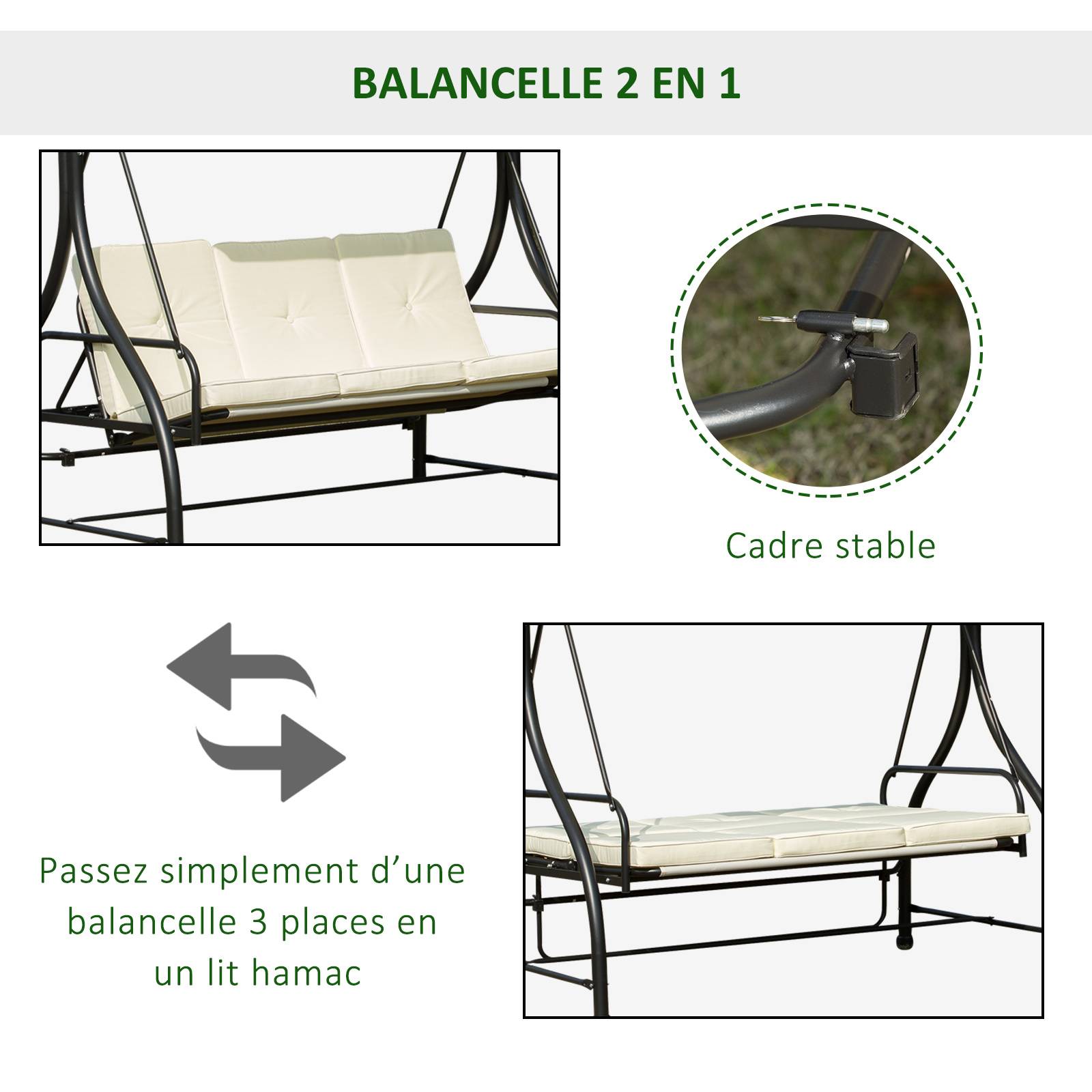 Outsunny - Balancelle de jardin 3 places convertible inclinaison toit réglable matelas grand confort rembourrage 8 cm fourni métal époxy noir crème - Outsunny - Image 4