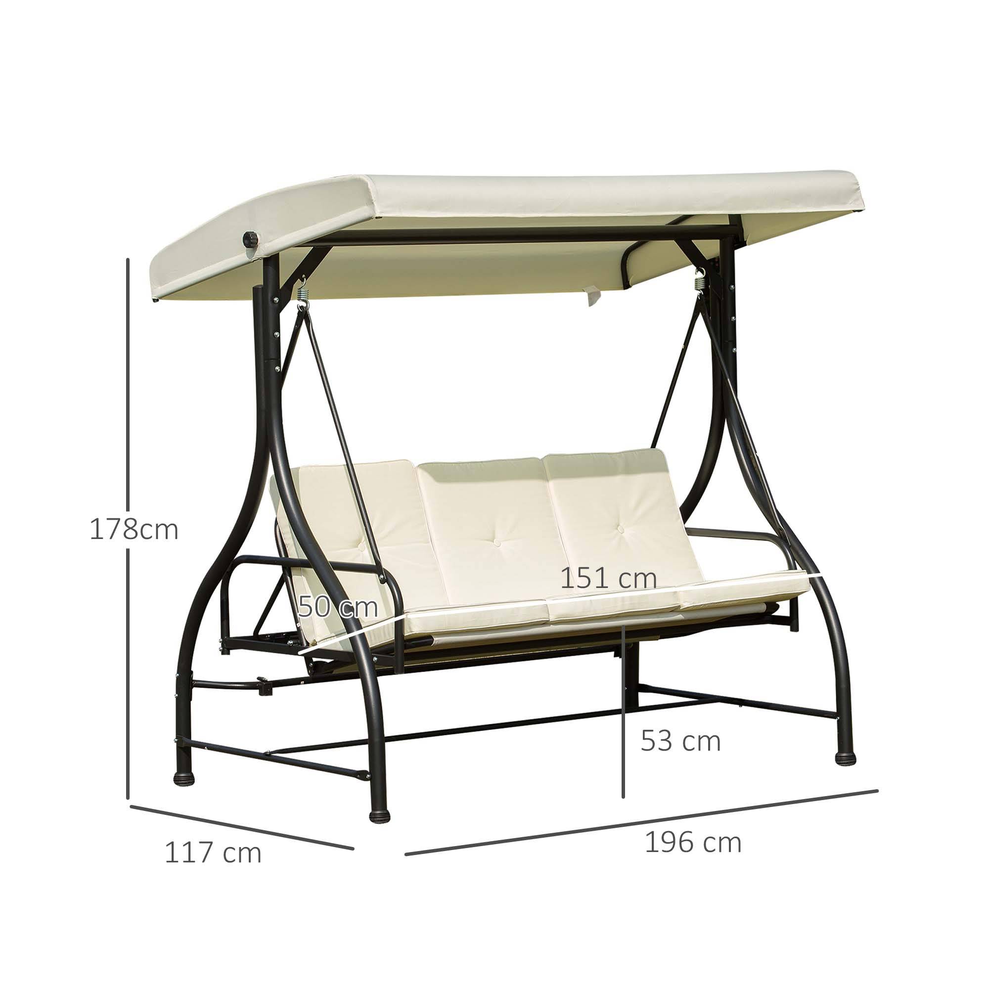 Outsunny - Balancelle de jardin 3 places convertible inclinaison toit réglable matelas grand confort rembourrage 8 cm fourni métal époxy noir crème - Outsunny - Image 3