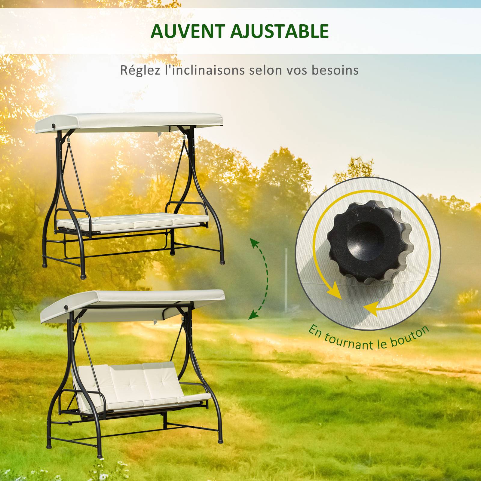 Outsunny - Balancelle de jardin 3 places convertible inclinaison toit réglable matelas grand confort rembourrage 8 cm fourni métal époxy noir crème - Outsunny - Image 5