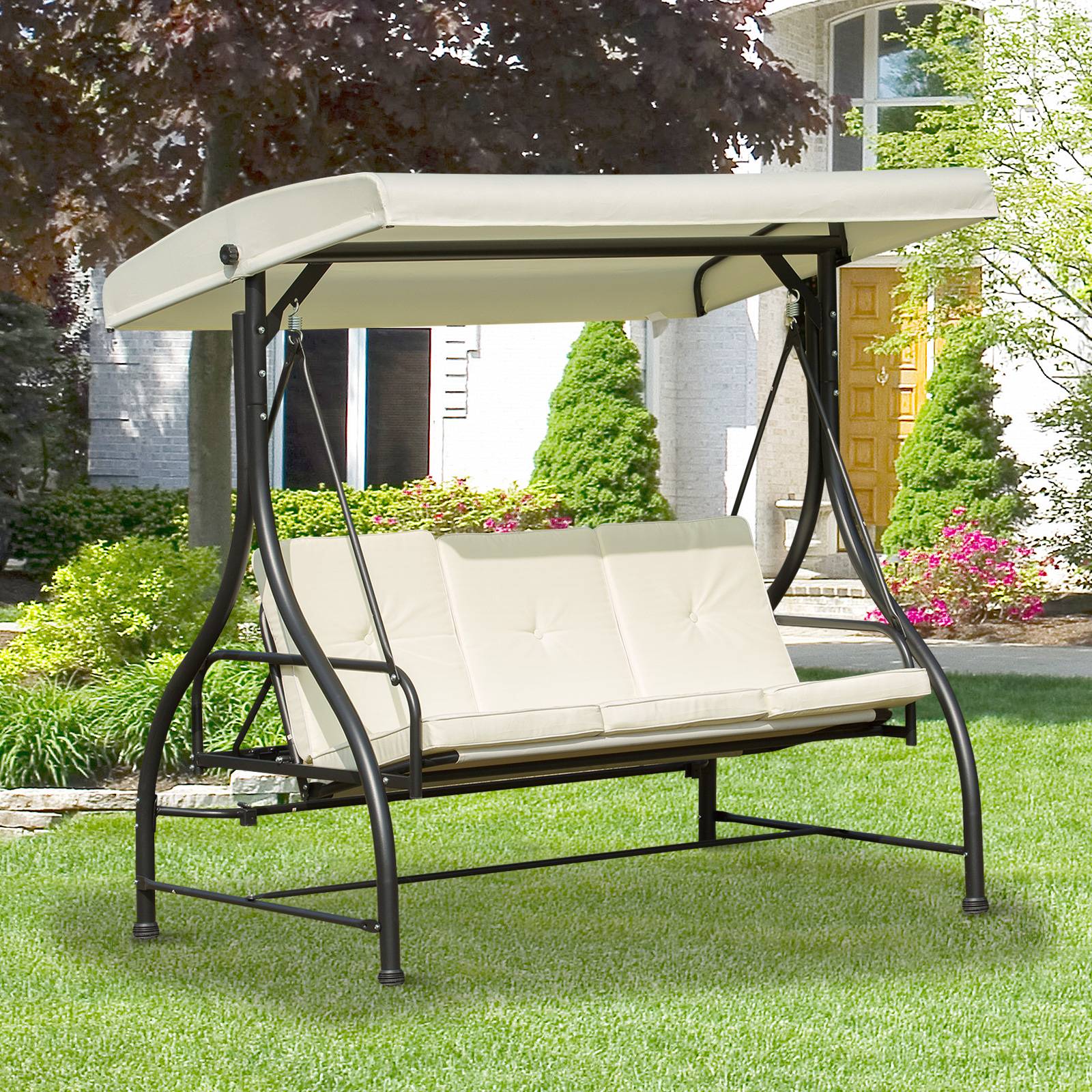 Outsunny - Balancelle de jardin 3 places convertible inclinaison toit réglable matelas grand confort rembourrage 8 cm fourni métal époxy noir crème - Outsunny - Image 2