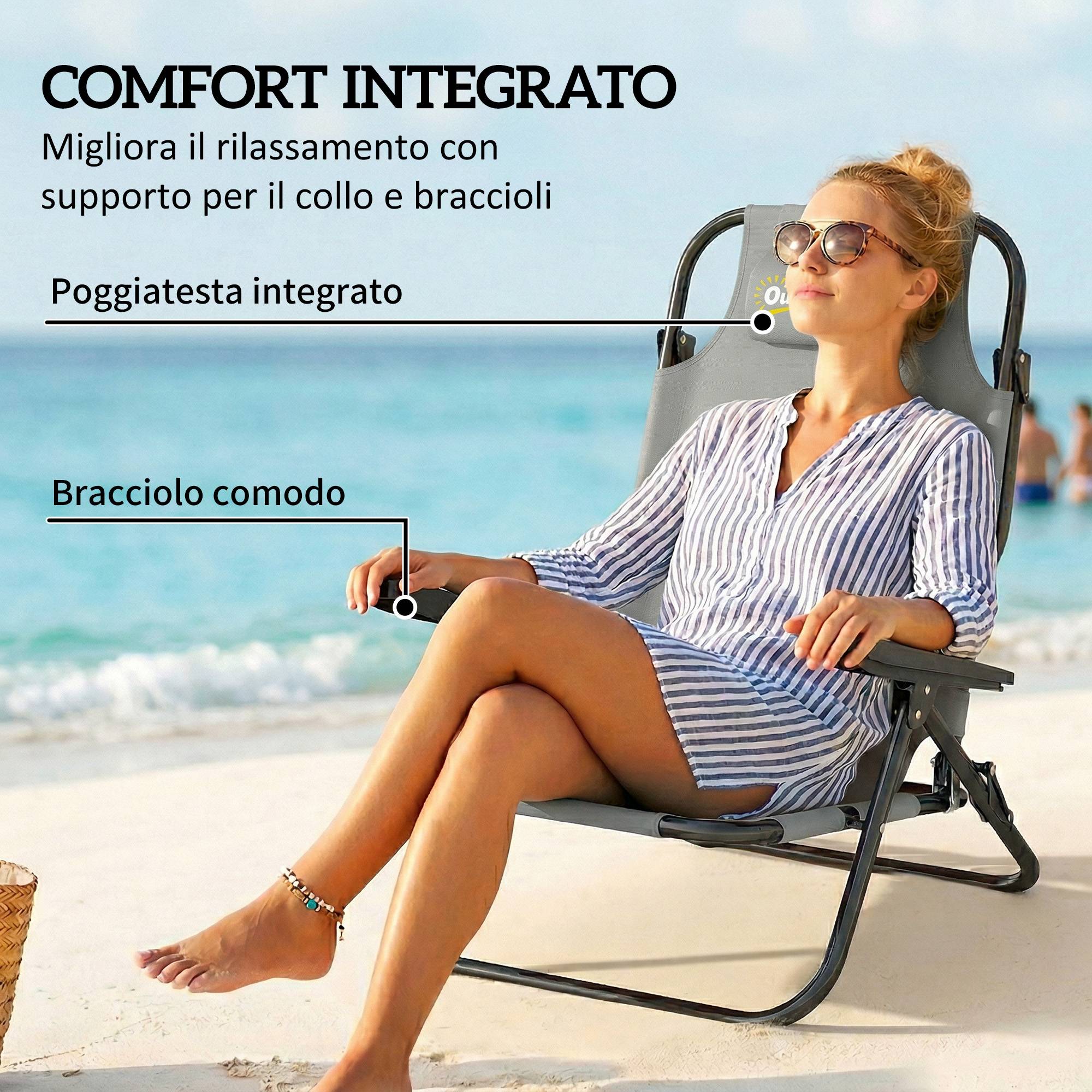Set de 2 chaises de camping portables, pliables plage, dossier réglable, gris clair - Image 8