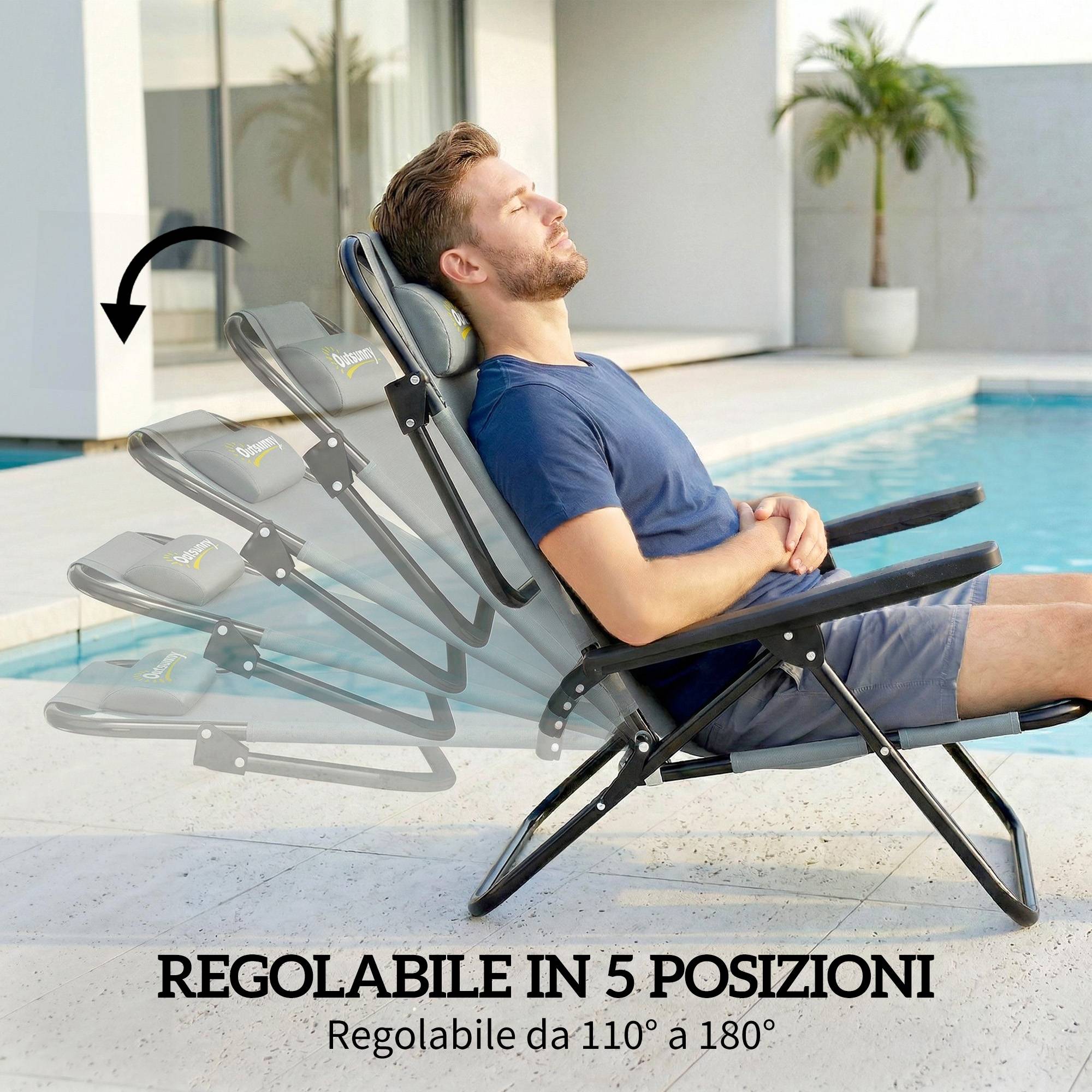 Set de 2 chaises de camping portables, pliables plage, dossier réglable, gris clair - Image 7