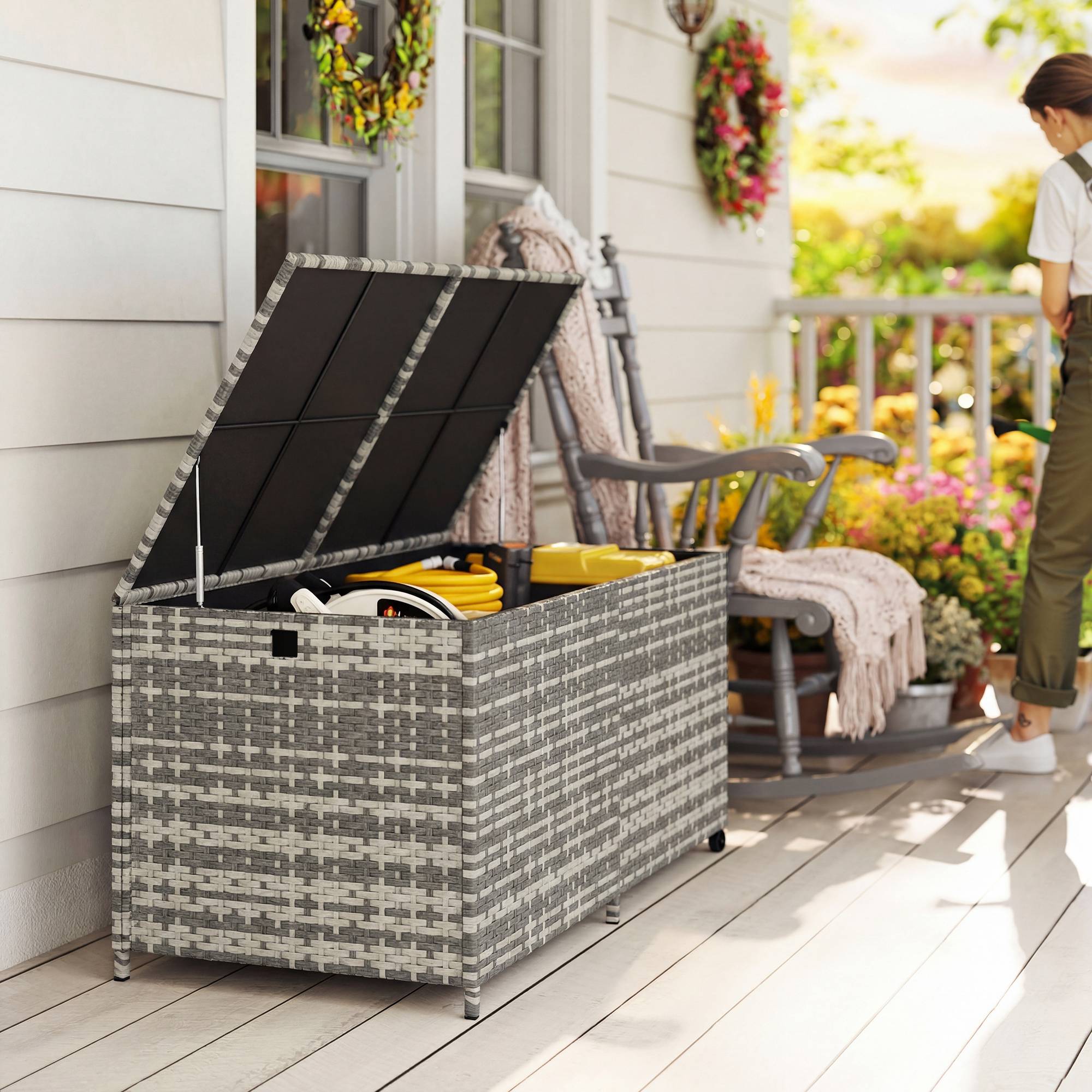Coffre de rangement jardin résine tressée terrasse grande capacité 650L gris sur roues - ComfortXL Outdoor Living - Image 4
