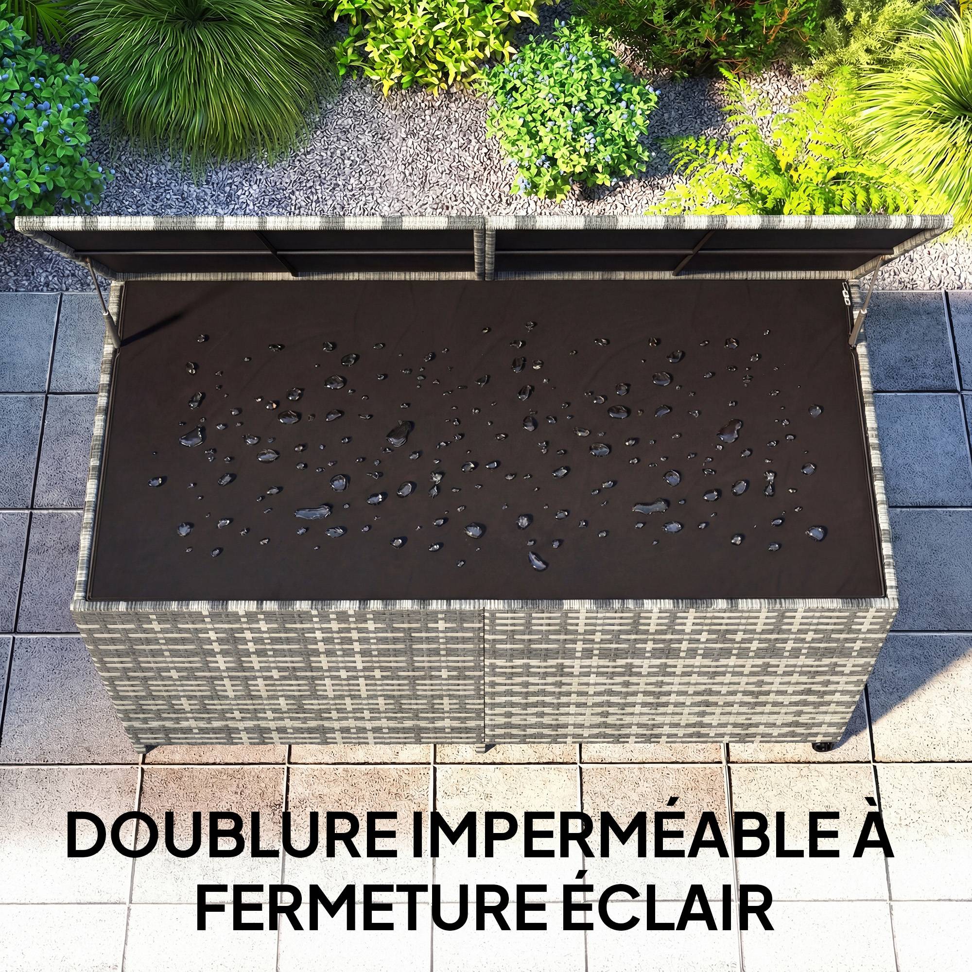 Coffre de rangement jardin résine tressée terrasse grande capacité 650L gris sur roues - ComfortXL Outdoor Living - Image 7
