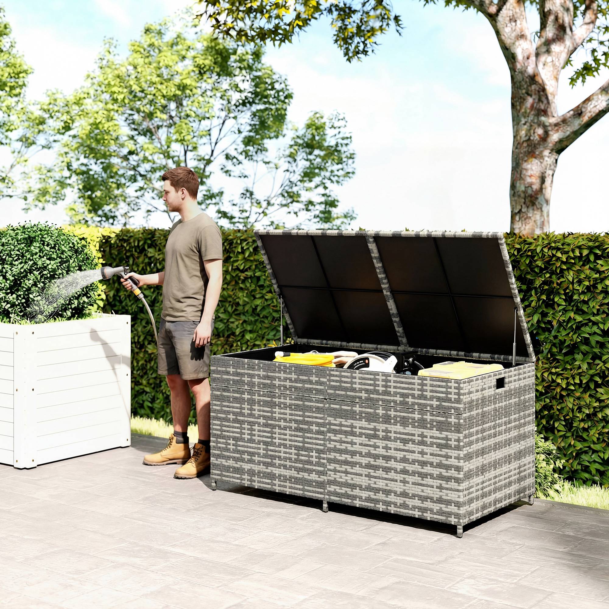 Coffre de rangement jardin résine tressée terrasse grande capacité 650L gris sur roues - ComfortXL Outdoor Living - Image 3